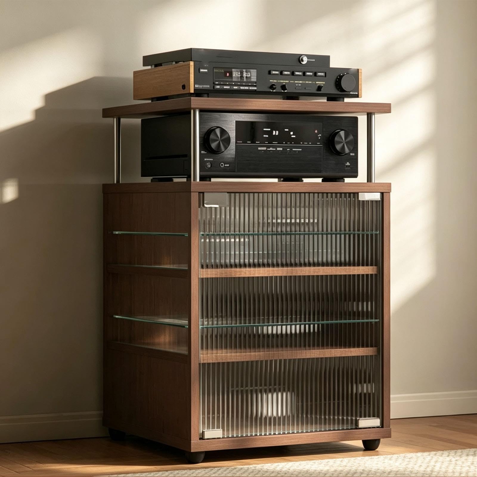 Mobile Porta Vinili, Supporto Audio e Mobiletto Stereo con Anta in Vetro