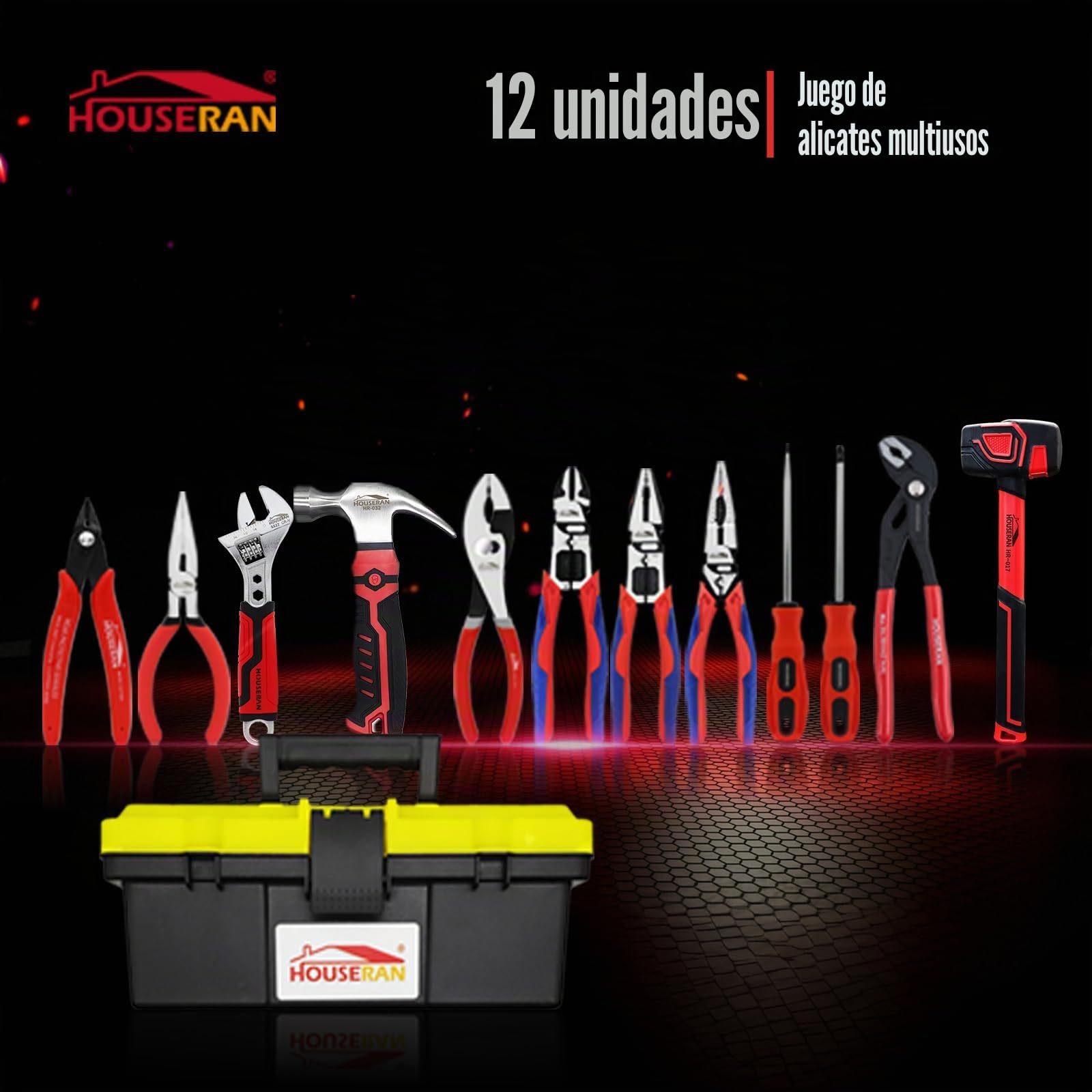 Juego de Herramientas Profesional 12 Piezas – Set de Alicates CRV Resistente, Mazo de Goma, Llave Ajustable, Martillo de Uña y Caja de Herramientas para Electricidad, Reparación del Hogar | 12 herramientas: alicates CRV, mazo de goma, llave ajustable y ma