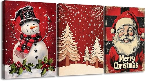 Pennimor Lienzo decorativo de pared de Navidad, juego de 3 marcos de 12 x 16 pulgadas, decoración navideña a cuadros rojos y negros, arte de pared