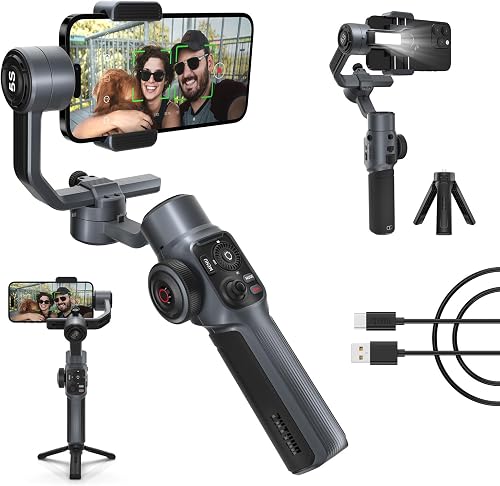 Zhiyun Smooth 5S Phone Gimbal, 3-Axis Smartphone Stabilizer with Built-in Fill Light, AI Face Tracking for iPhone and Android, YouTube TikTok Video, Gray