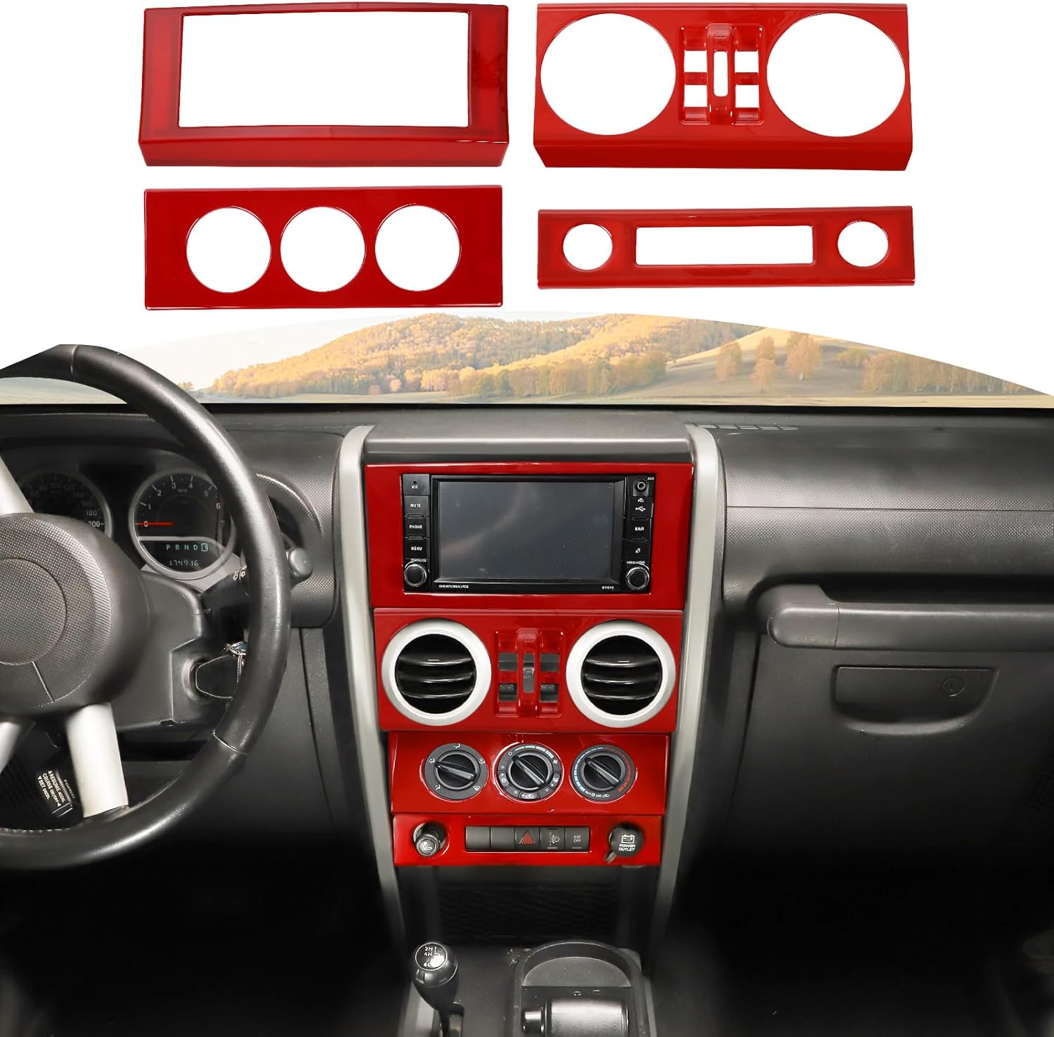 RT-TCZ for Wrangler JK Dashboard Center Console Control Panel Trim Cover Red for Jeep Wrangler JK JKU 2007-2010 Red Interior Accessories 4pcs