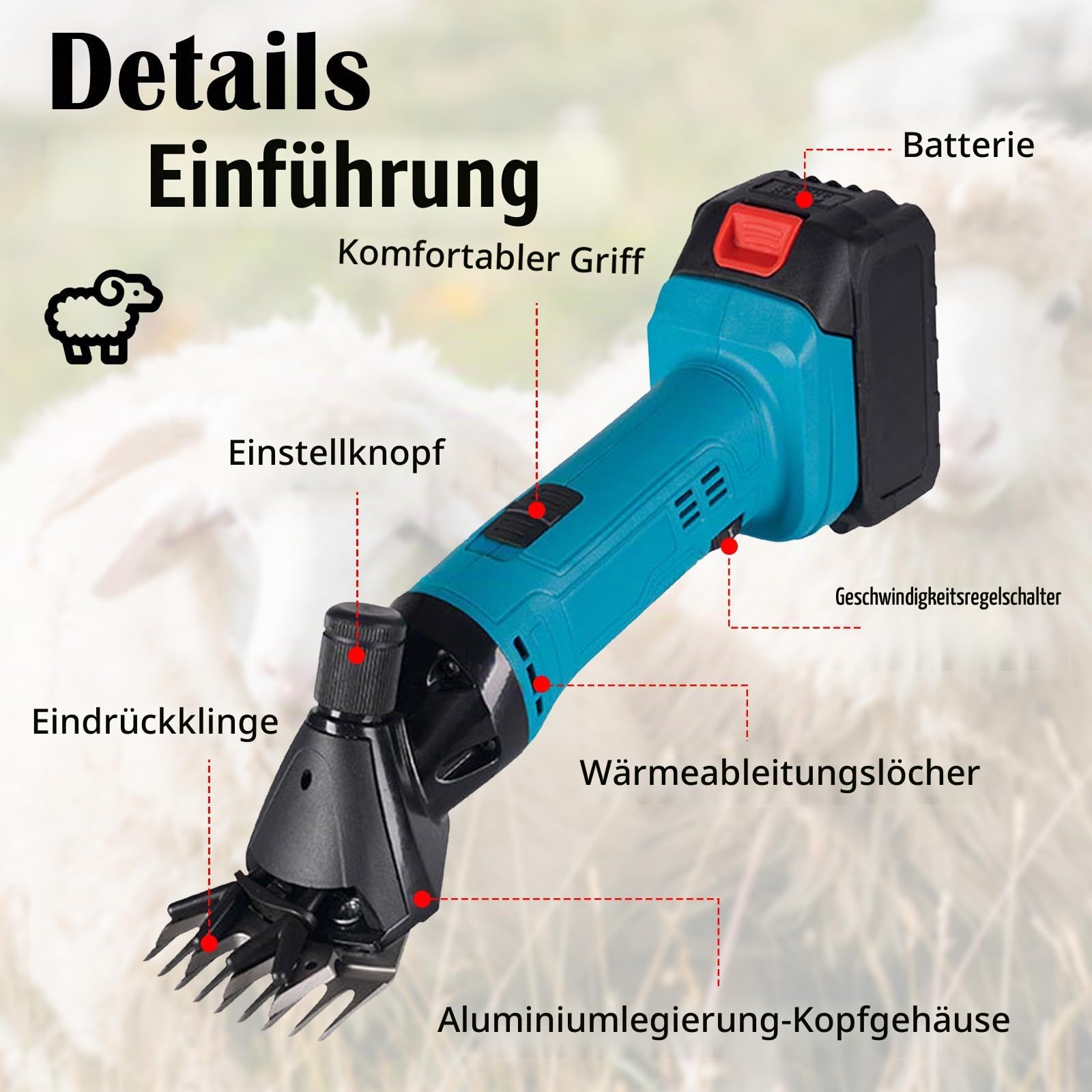 Schafschermaschine, 3000Mah Schermaschine Pferd 2400r/min Kabellos Schafschermaschine Akku tragbar 6-Gang Schäfer Schermaschine mit 2 Akkus für Schafen Ziegen Alpakas Ochse (13 gerade Zähne)