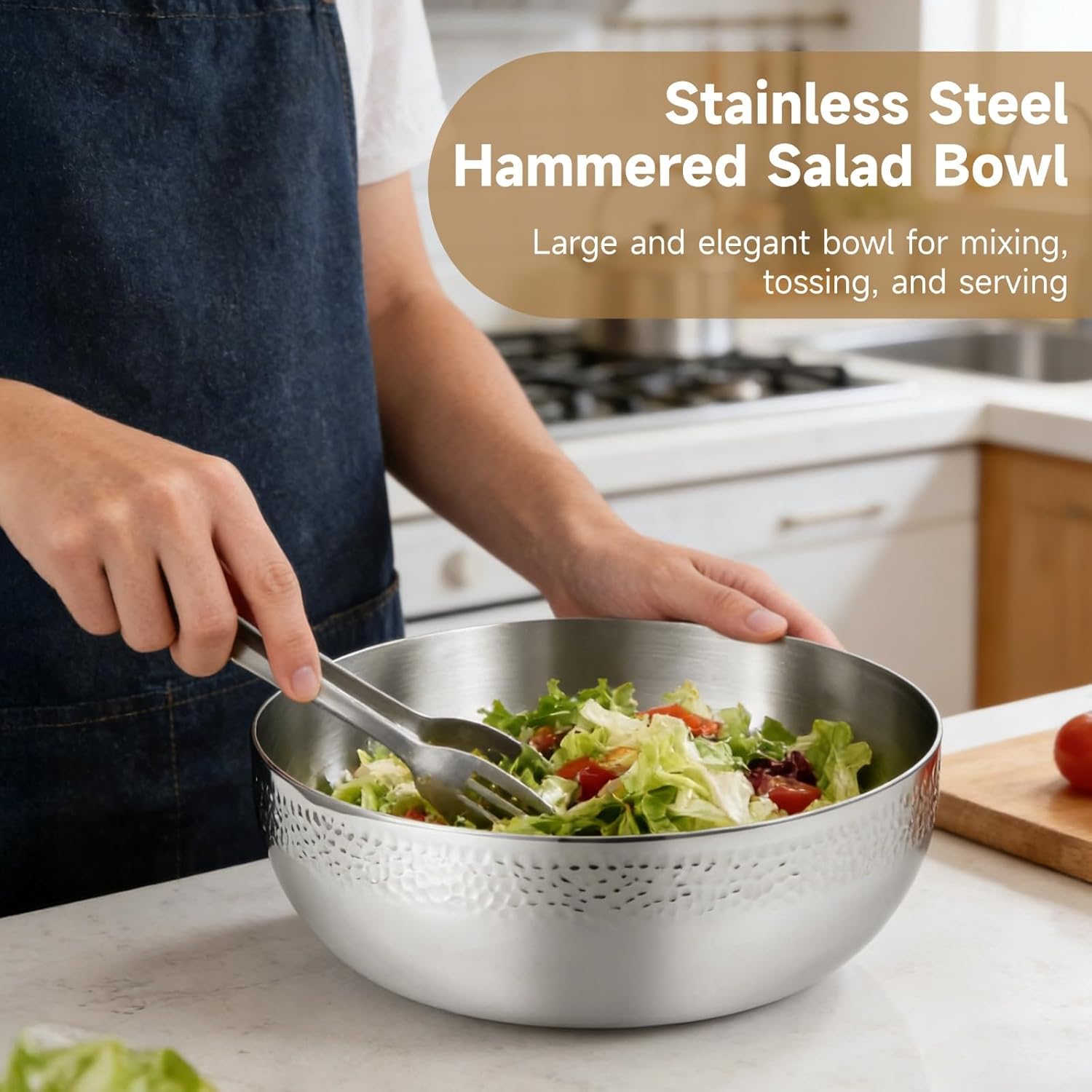 Extra Large Stainless Steel Hammered Salad Bowl - 11 in Large Popcorn Bowl for Kitchen, Long-lasting Mixing Bowl, Versatile Food Prep Bowl for Salad, Egg Beating, Decorative & Kitchen Serving