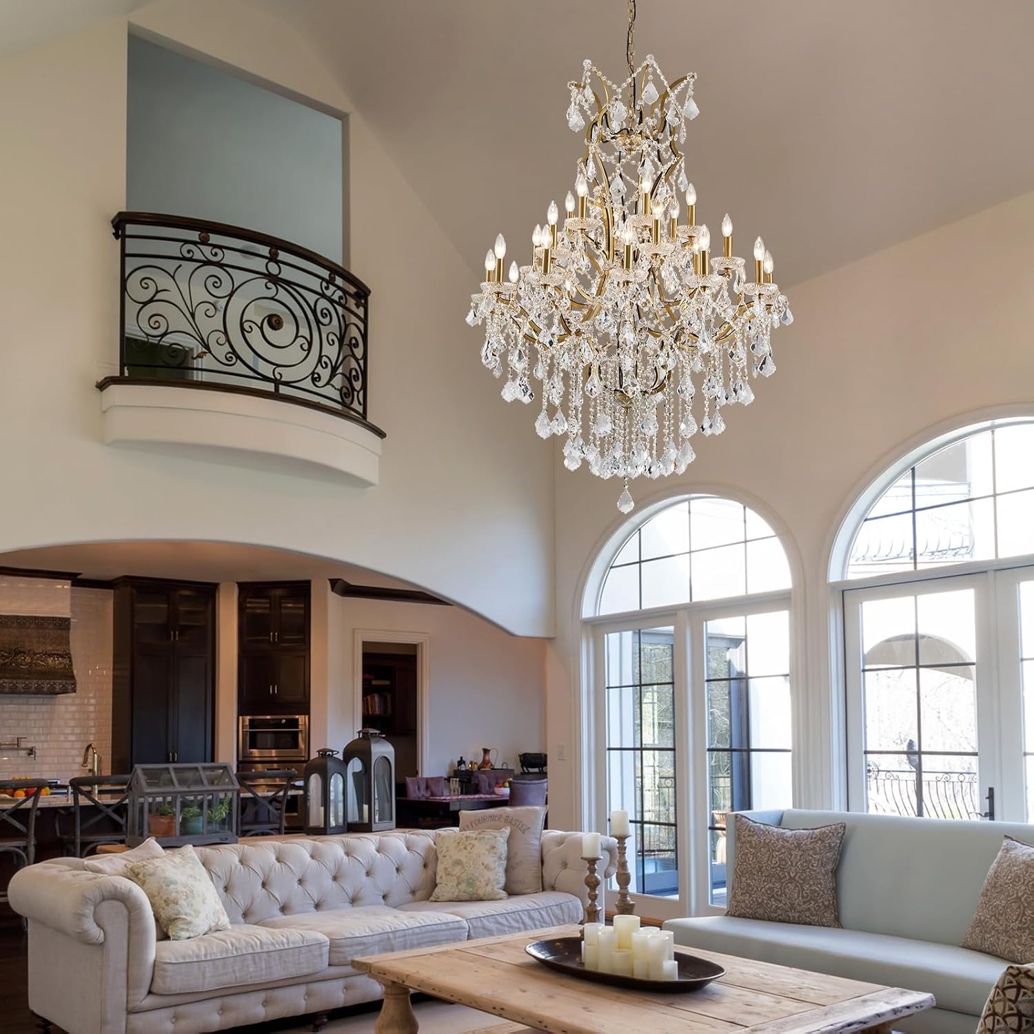 24 Lights Large Crystal Chandeliers for High Ceilings Brass Maria Theresa Chandelier Modern Chandelier Light Fixture for Foyer Living Room Hallway Entryway Staircase 55.1" H x 39.4" D