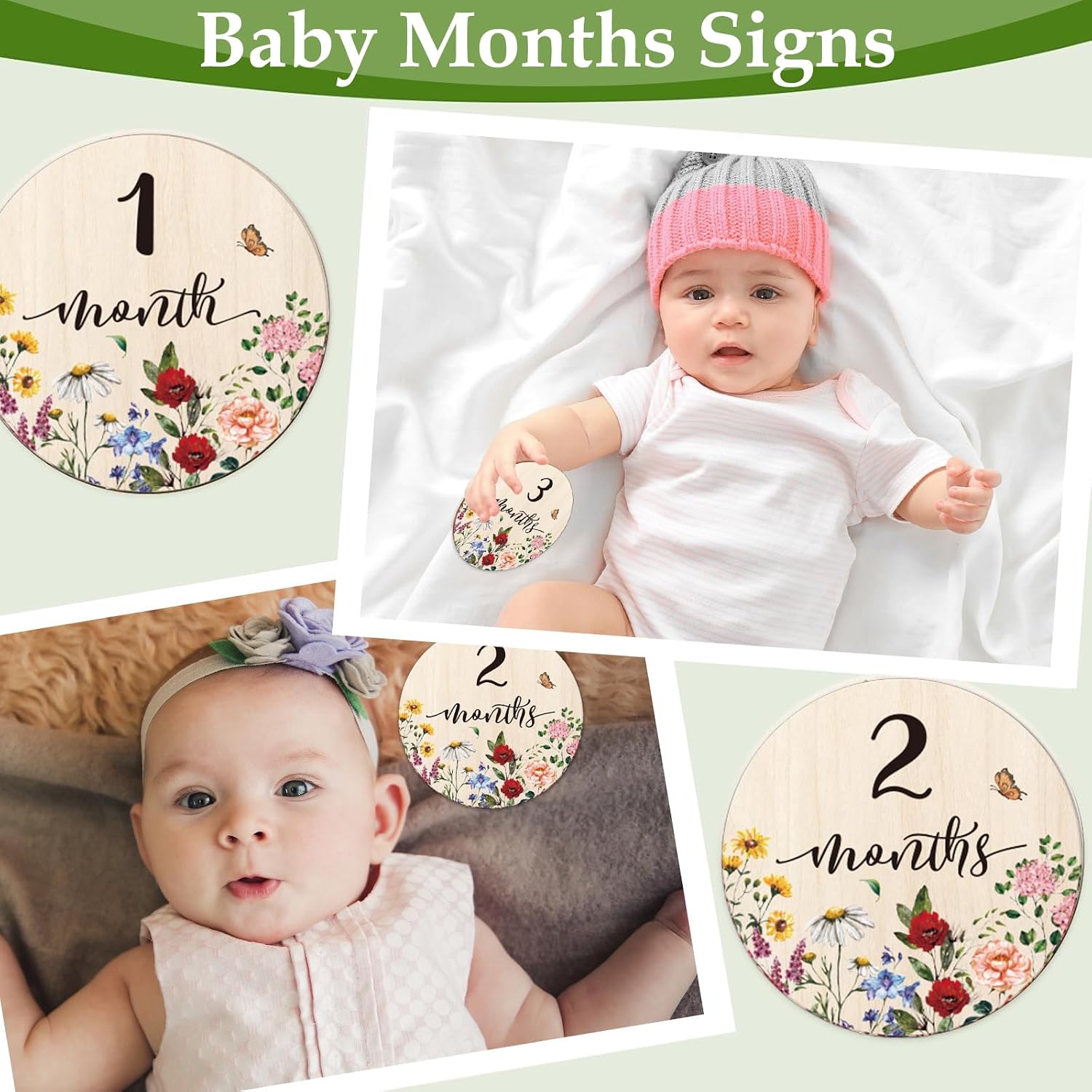 JarThenaAMCS 12Pcs Vintage Wildflower Baby Monthly Milestone Cards Spring Double-Sided Announcement Sign Floral Wooden Marker Discs for Newborn Growth Photo Props Baby Shower Party Favors
