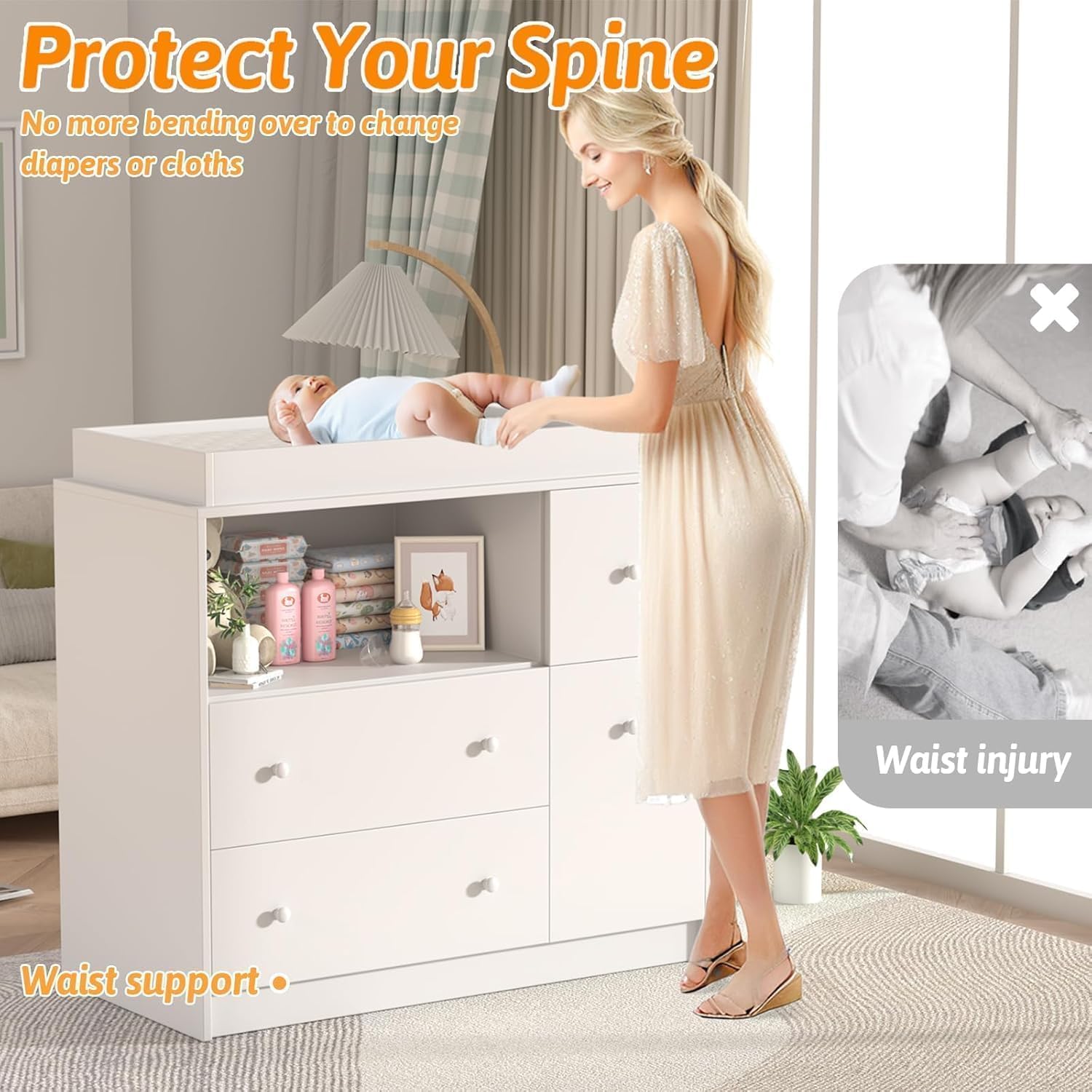 Parent changing baby on GOFEI dresser, showing ergonomic height