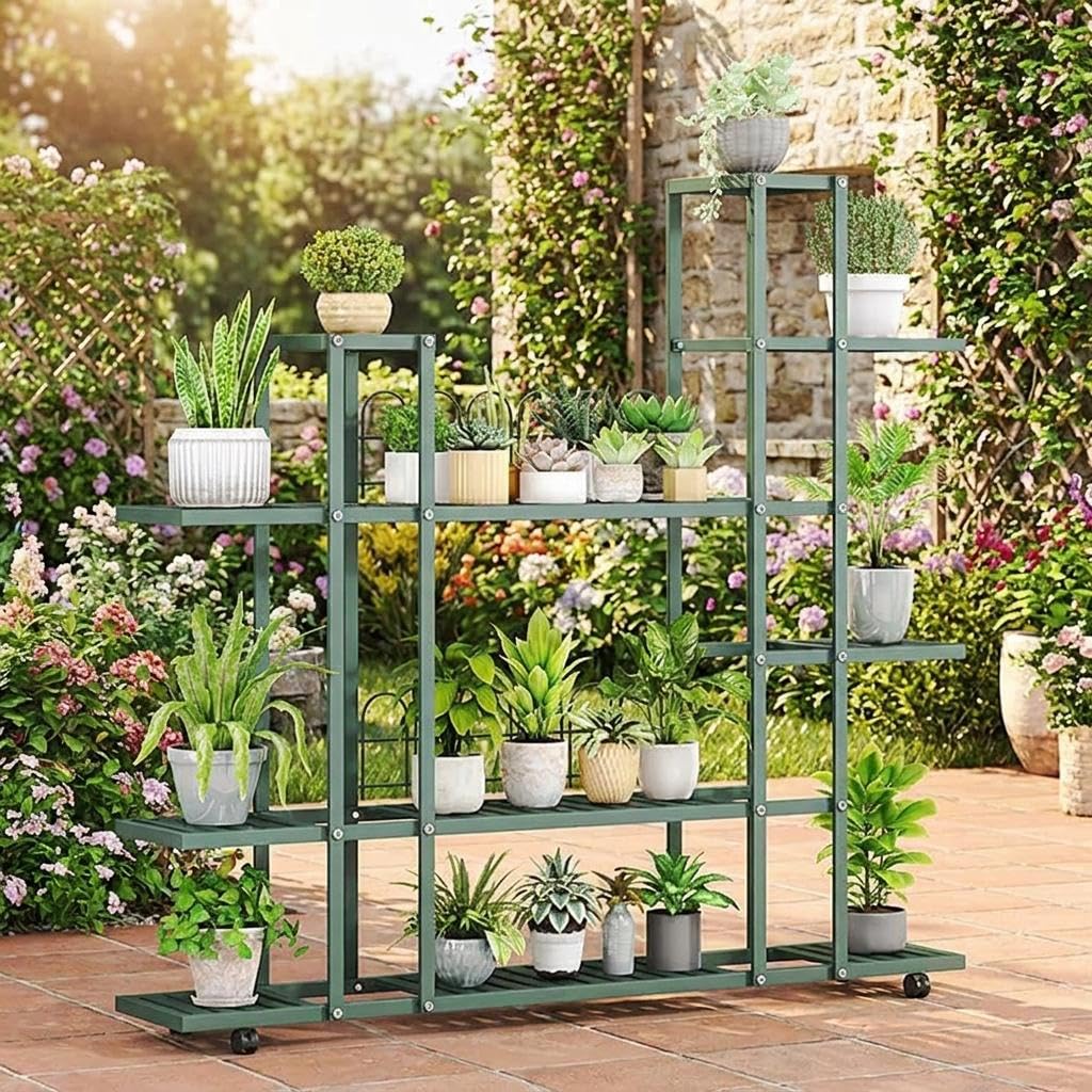 Blumenständer Metall mit Rollen & Bremse, Mehrstöckiges Pflanzenregal für Ecke, Rostschutzbeschichtet, Platzsparend für Wohnzimmer Balkon Terrasse Garten, Grün