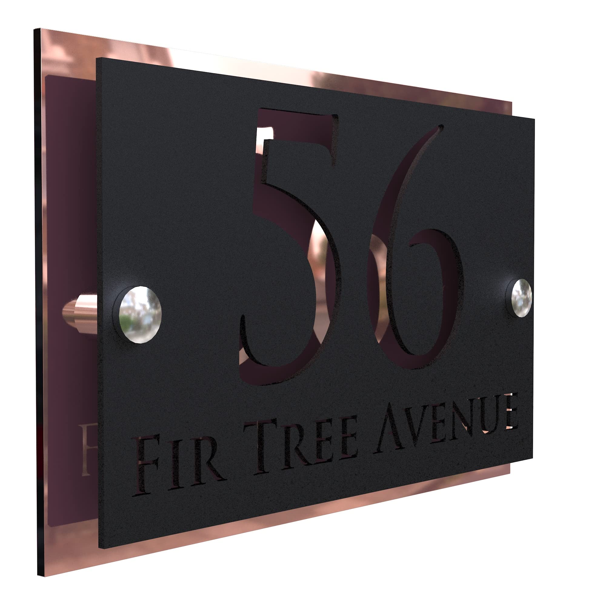 K Smart Sign | Simpatico | Modern laser Cut House Signs 3d effect door number address style sign plaques address numbers | 200mm x 130mm (Rose Gold Mirror & Matt Black)