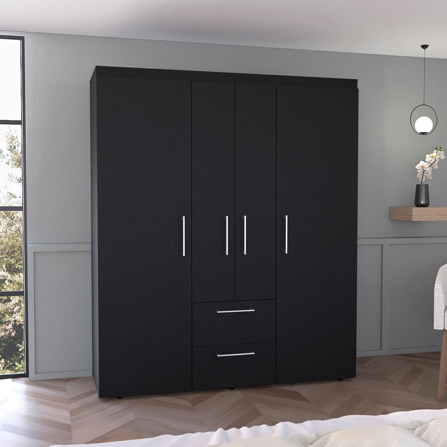 Tuhome Furniture Bariloche Wardrobe, Multi-Section Storage with Hanging Rods, Shelves, and 2 Drawers for Bedroom, Black