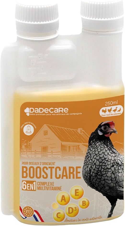 Boostcare Multivitamines 6 en 1 250 ML Oiseaux | Vitamines A-E-D-C-B | Nourriture complémentaire pour Abreuvoir Poules, Poulets, Pigeons, perroquets et perruches avec doseur