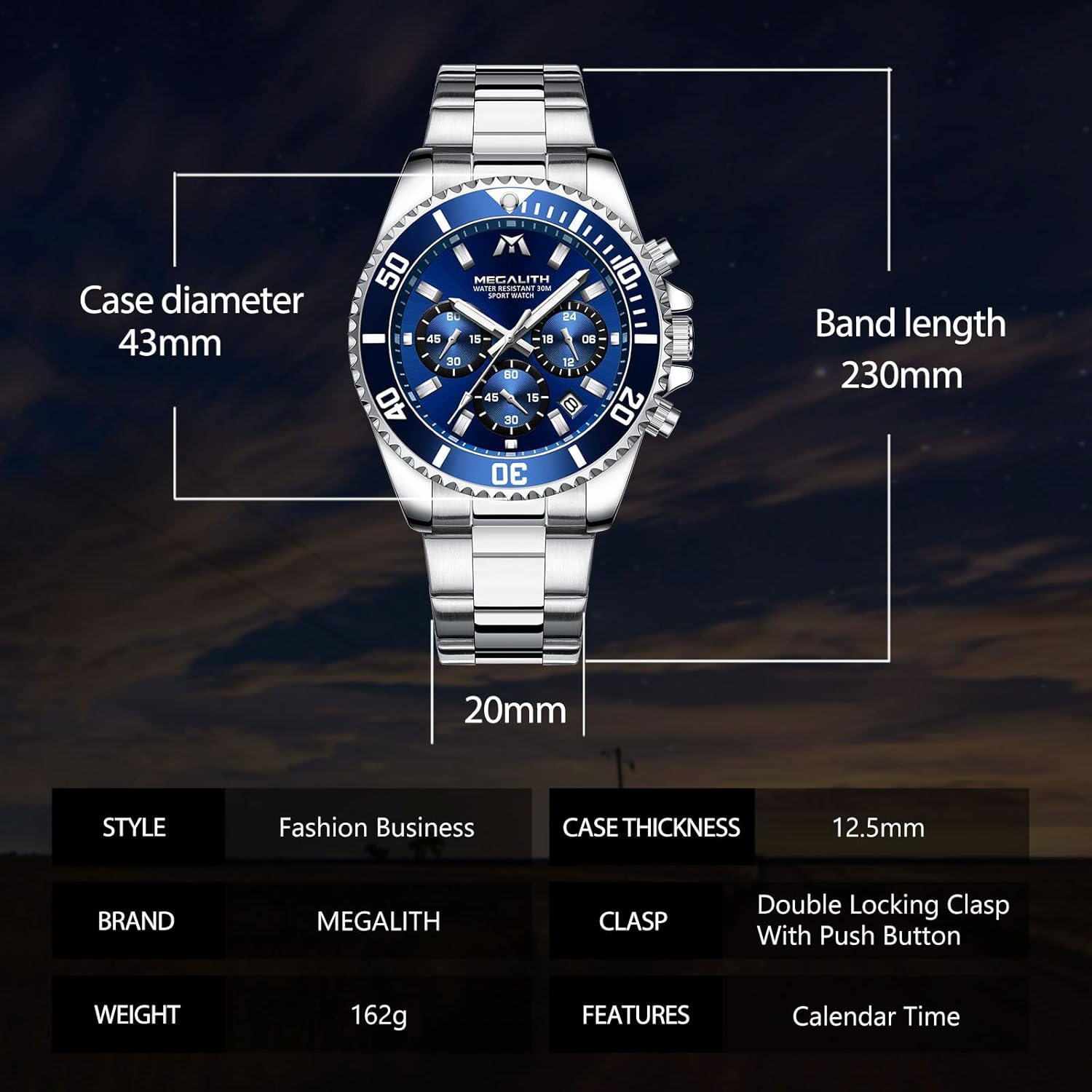 MEGALITH Mens Watches Stainless Steel Waterproof Analog Quartz Fashion Business Chronograph Watch for Men, Auto Date