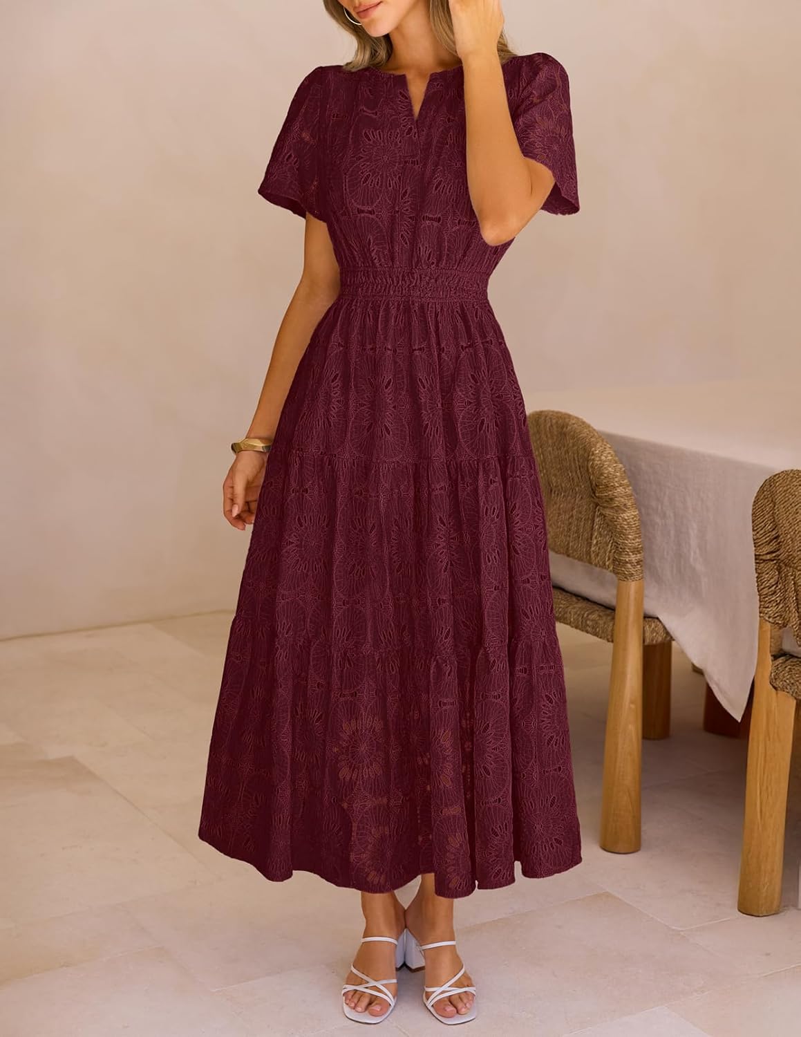 MEROKEETY Women's Summer Floral Maxi Dress 2026 Spring Boho Vacation Eyelet Lace Short Sleeve A Line Tiered Flowy Dresses - Image 2