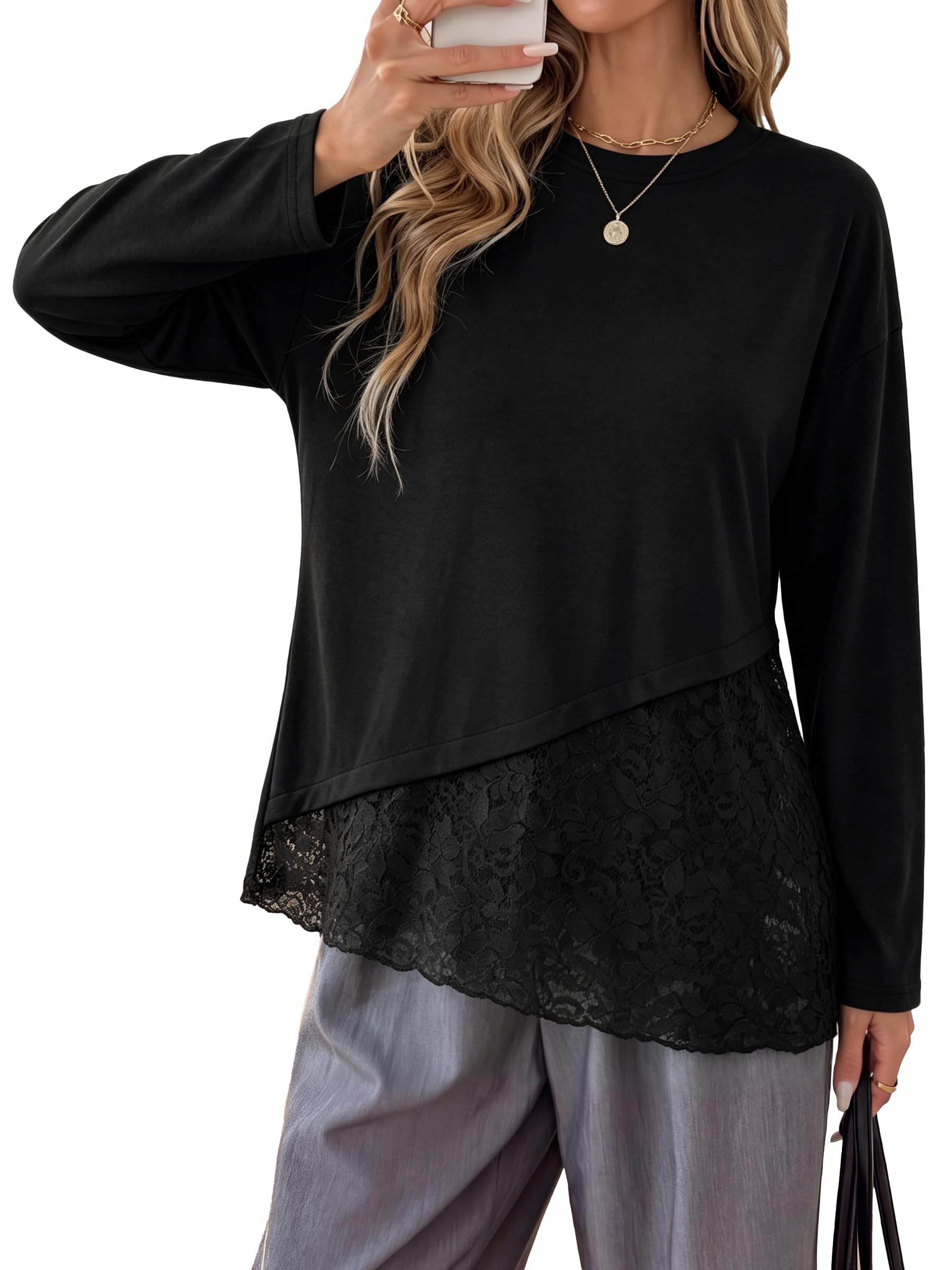 AUMORA Womens Lace Long Sleeve Tops