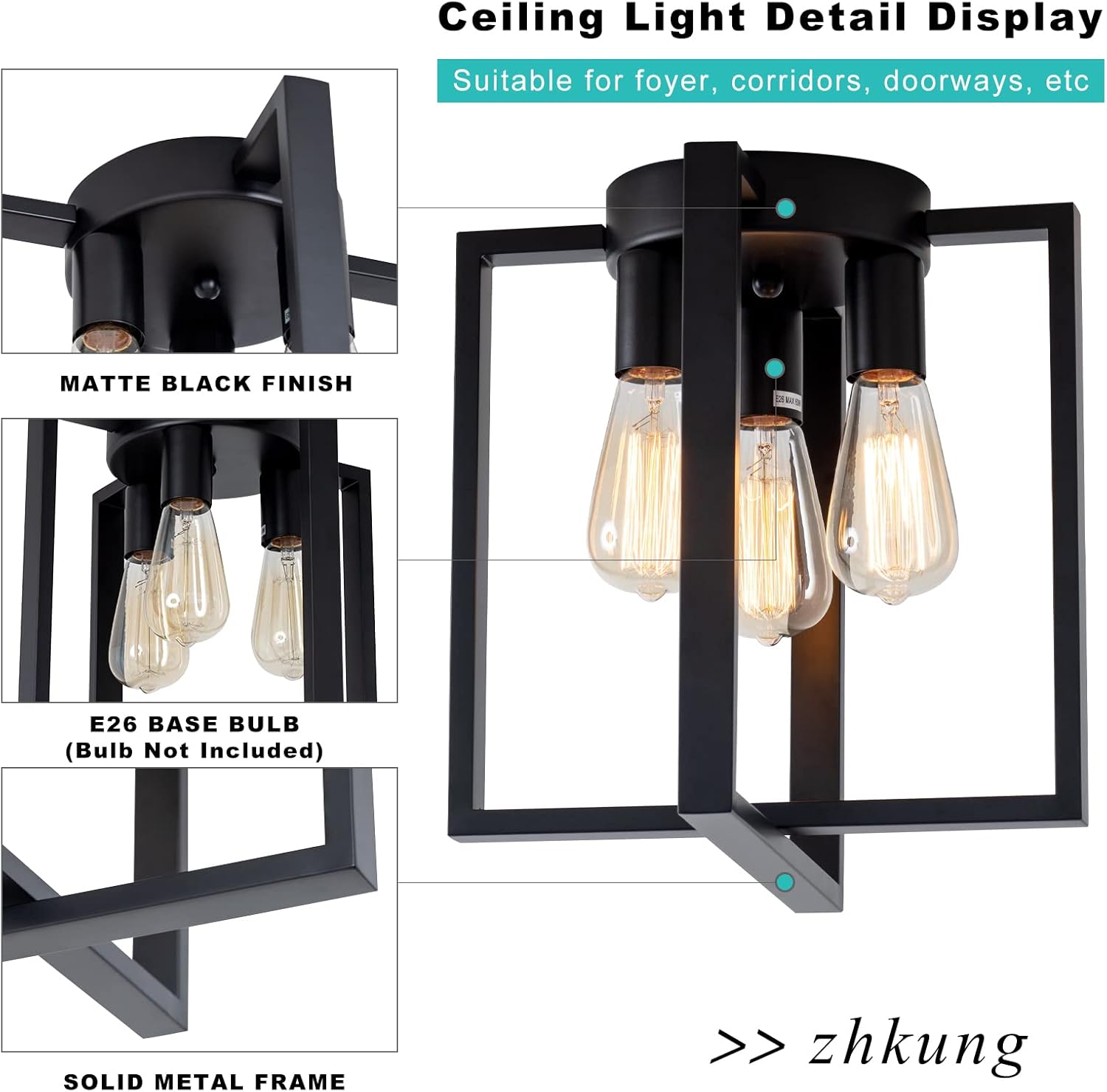 Vintage Square Black Ceiling Light Fixture, 3-Light Industrial Farmhouse Modern Metal Geometric Ceiling Lamp for Living Room, Kitchen, Bedroom, Dining Room, Foyer, Hallway