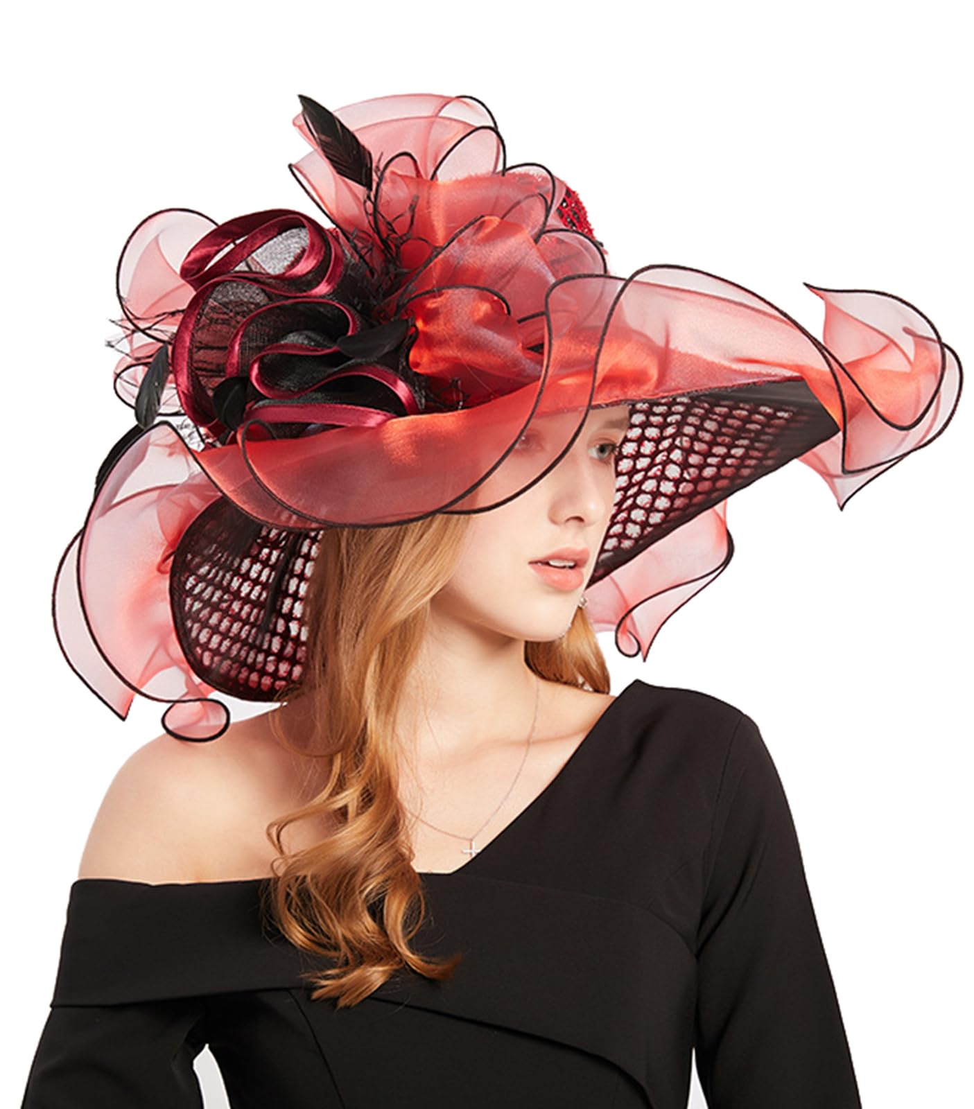 Oridoor Women's A6-Red Organza Wide Brim Fascinator Hat For Kentucky Derby Church Wedding Dress Floral Flat Hat - One Size