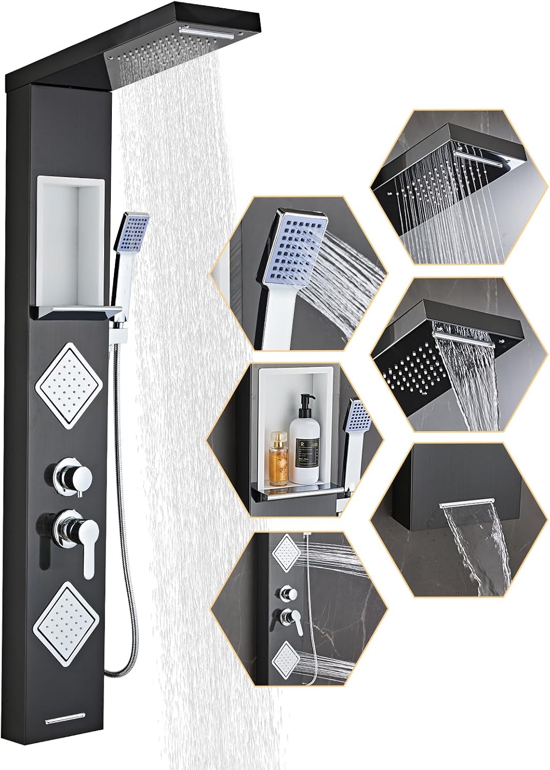 Shower Panel Tower System with Storage- Brushed Black | 304 Stainless Steel 5-Function Shower Panel Faucet Set with Powerful Body Jets, Rainfall, Waterfall,Handheld and Tub Spout
