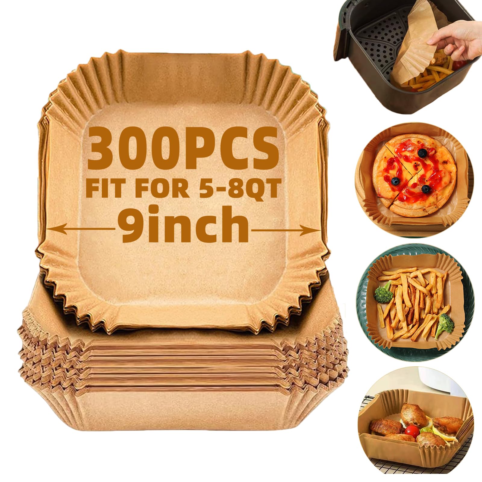 Air Fryer Liners Disposable,300Pcs LYHOLKEER 9inch Airfryer Liners for 5-8QT Air Fryer,Square Air Fryer Parchment Paper Liners for Ninja AF141,AF142,