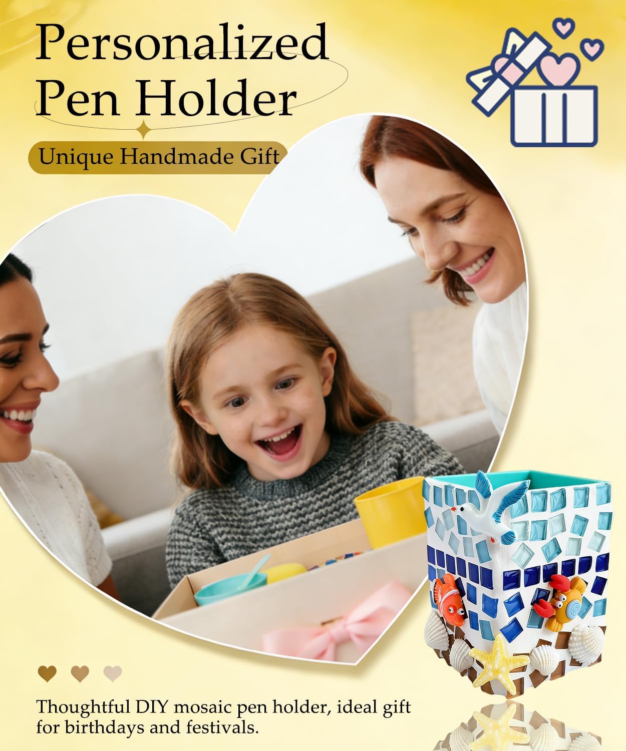 YUCHIYA DIY Glass Mosaic Pen Holder Craft Kit - Complete Materials Package for Beginners, Personalized Handmade Gift for Birthdays Holidays, Educational Art Set Develops Hands-On Skills (Blue)