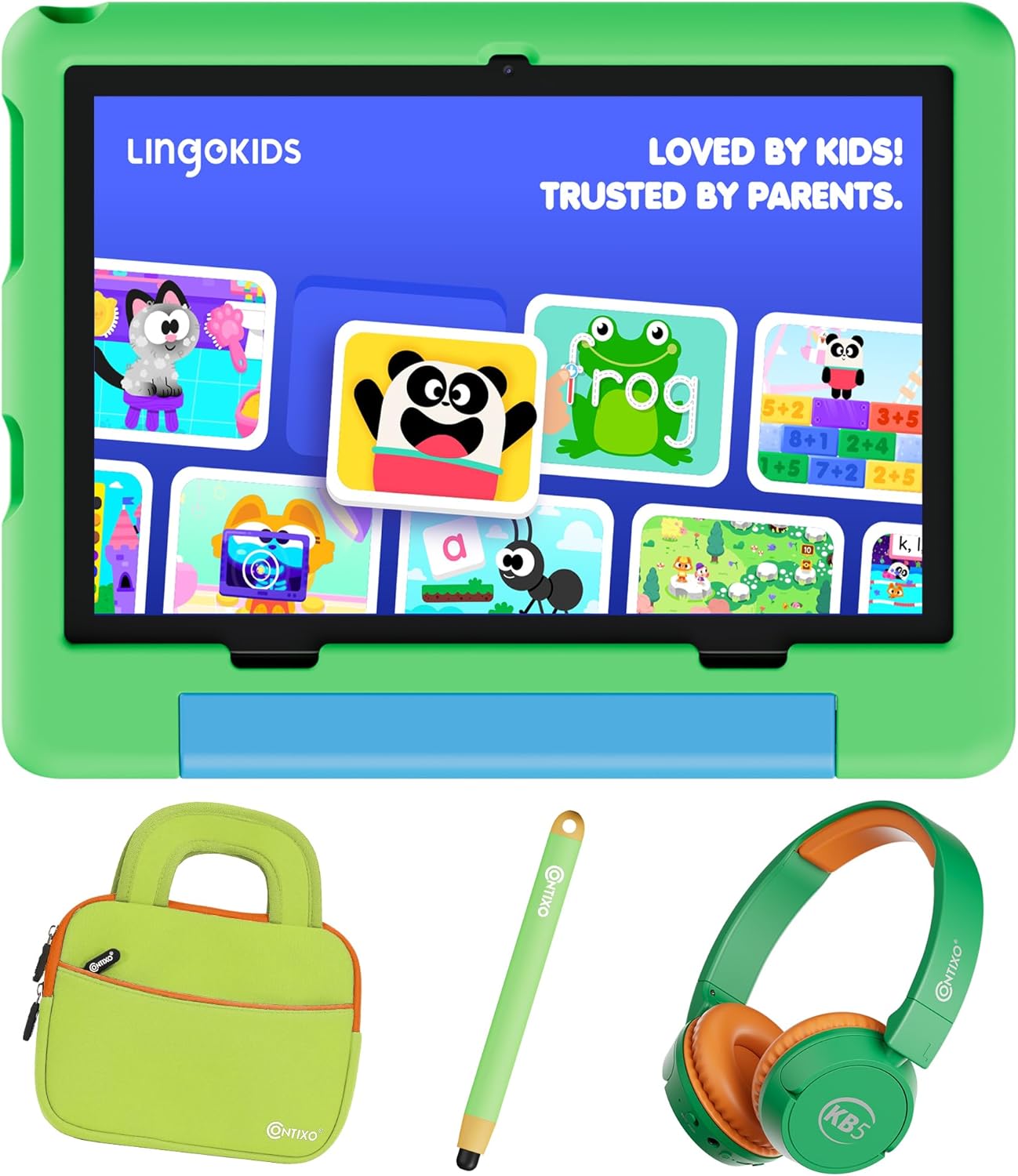 Contixo A10 Kids Tablet Bundle with Bluetooth Headphones & Sleeve Case, 10.1" HD Android 15 Learning Tablet for Kids Ages 3-12, 4GB RAM, 64GB, Lingokids, Epic!, Parental Controls, Green