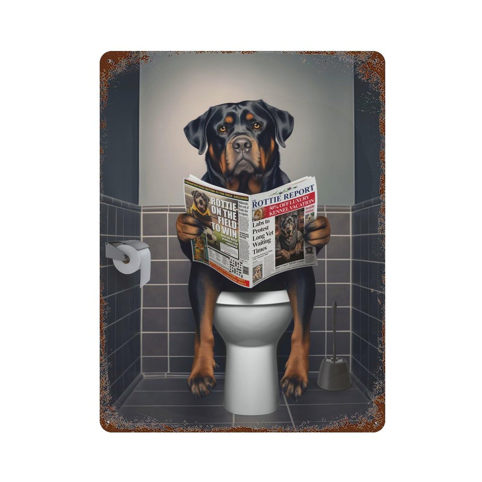 Rottweiler on The Toilet Rust Effect Tin Sign 15.7"x11.8", Novelty Wall Decor for Garage, Pub Or Kitchen