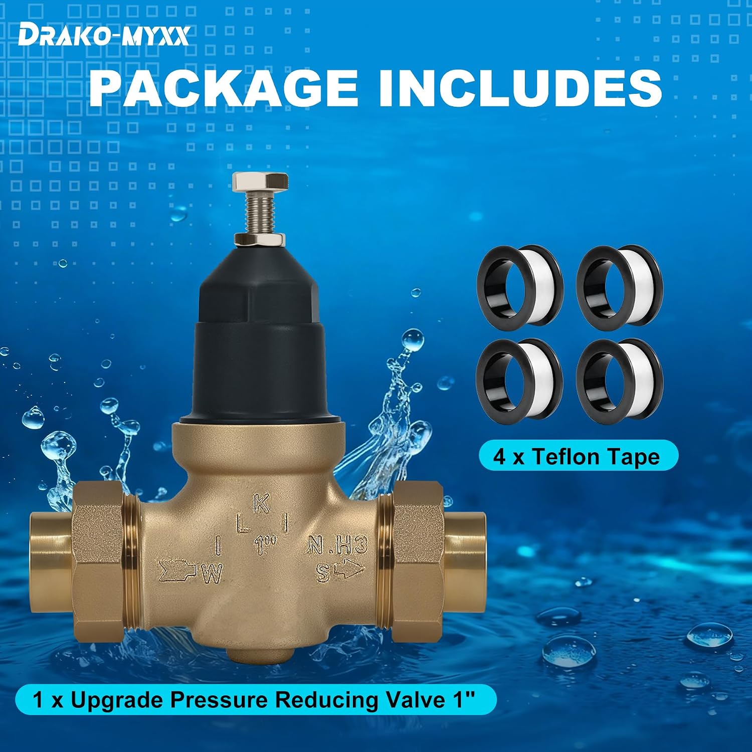 1-NR3XLDU 1"NR3XL Pressure Reducing Valve with Double Union FNPT Connection | Stainless Steel Strainer Screen, House Water Pressure Regulator, Complete Accessories, Teflon Tape