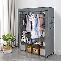 Vista 120 de 67" Portable Wardrobe Closet, Wardrobe Closet for Hanging Clothes with 2 Hanging Rods, 12 Clothes Storage Organizer Shelves, Non-Woven Fabric Grey