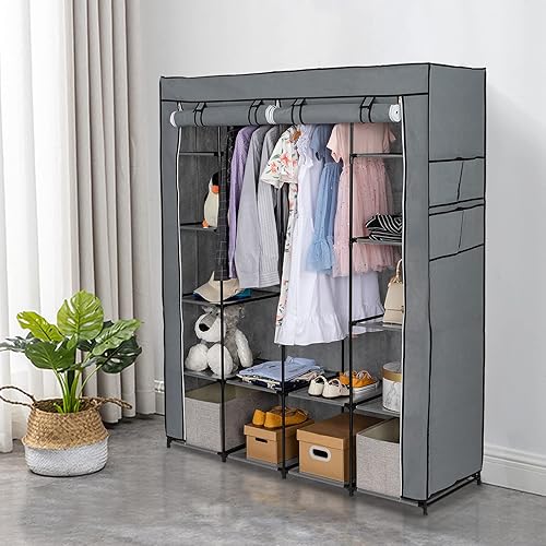 Vista 120 de 67" Portable Wardrobe Closet, Wardrobe Closet for Hanging Clothes with 2 Hanging Rods, 12 Clothes Storage Organizer Shelves, Non-Woven Fabric Grey