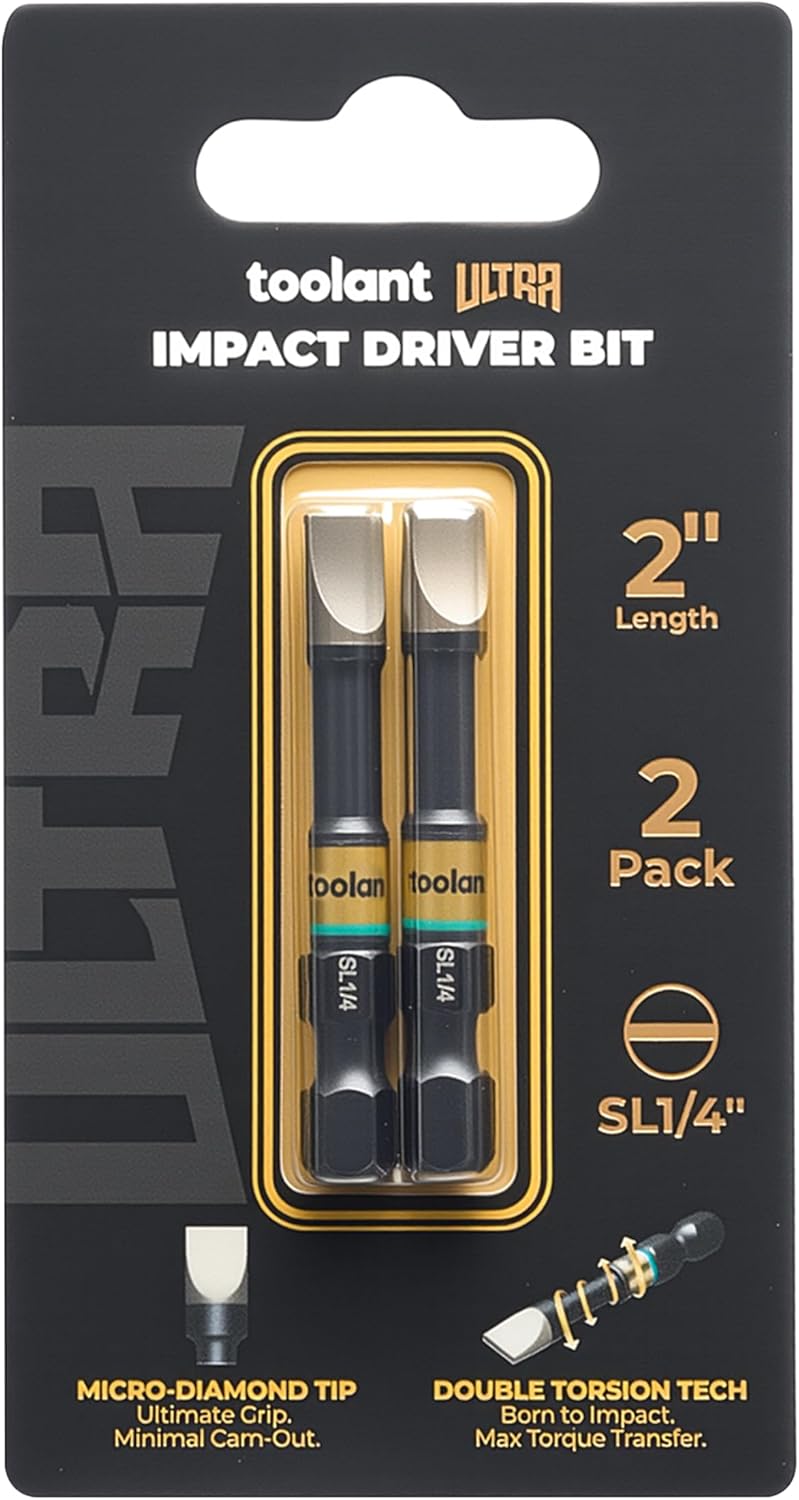 toolant 2 Inch Flat Slotted Bit SL1/4", Magnetic Anti-Slip Impact Screwdriver Bits, 2pcs Impact Steel X2 Driver Bit Set with CNC-Machined Tips for Impact Drivers
