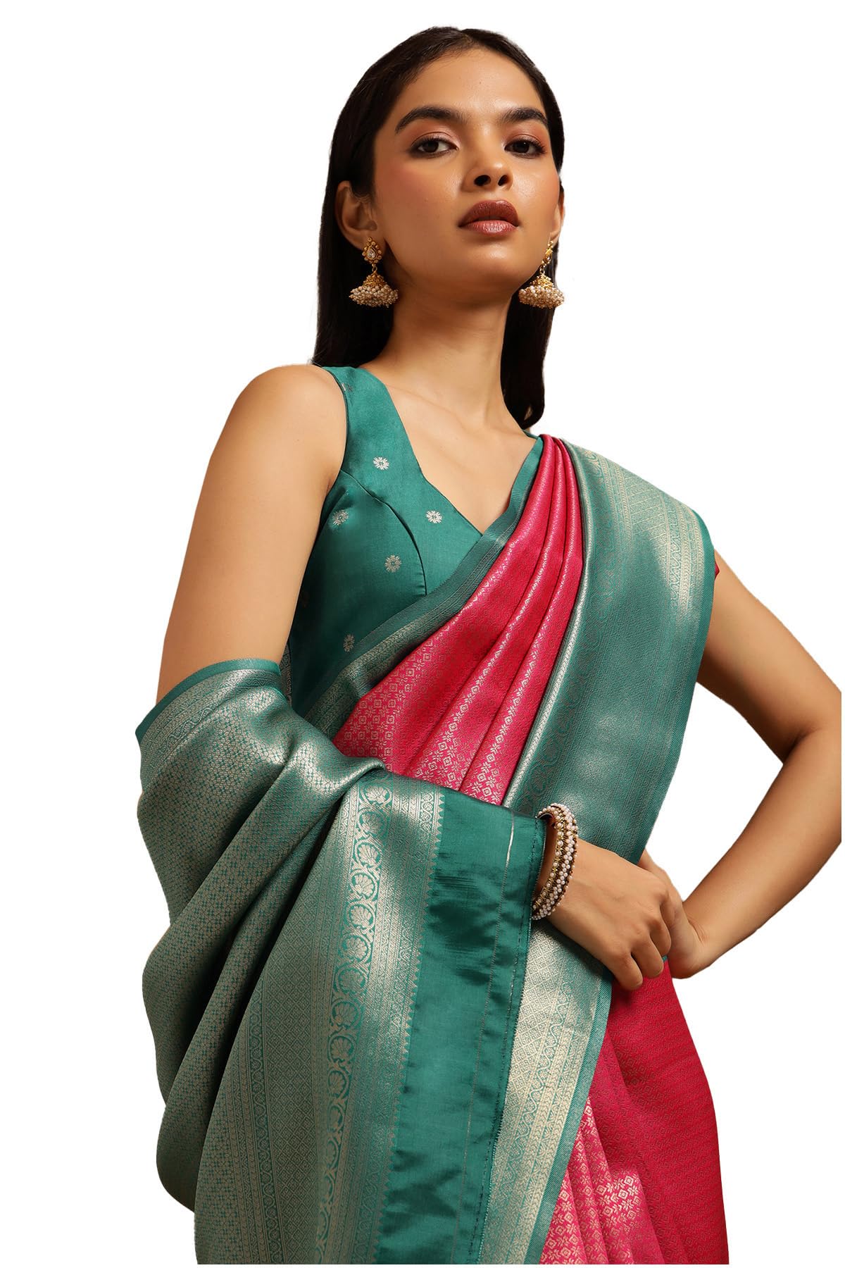 Womens Silk Blend Zari Woven Saree-image-9