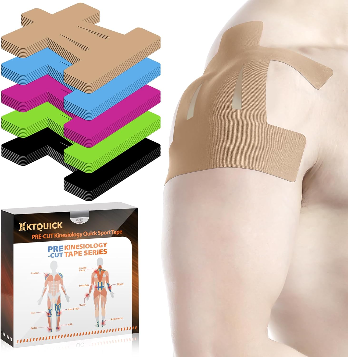 Kinesiology Tape for Shoulder Precut, 12 PCS Shoulder Tape for Pain Relief, KTQUICK Original Cotton Waterproof & Breathable, Enhance Elastic Sports Tape for Pain Support and Muscle Sports, Beige