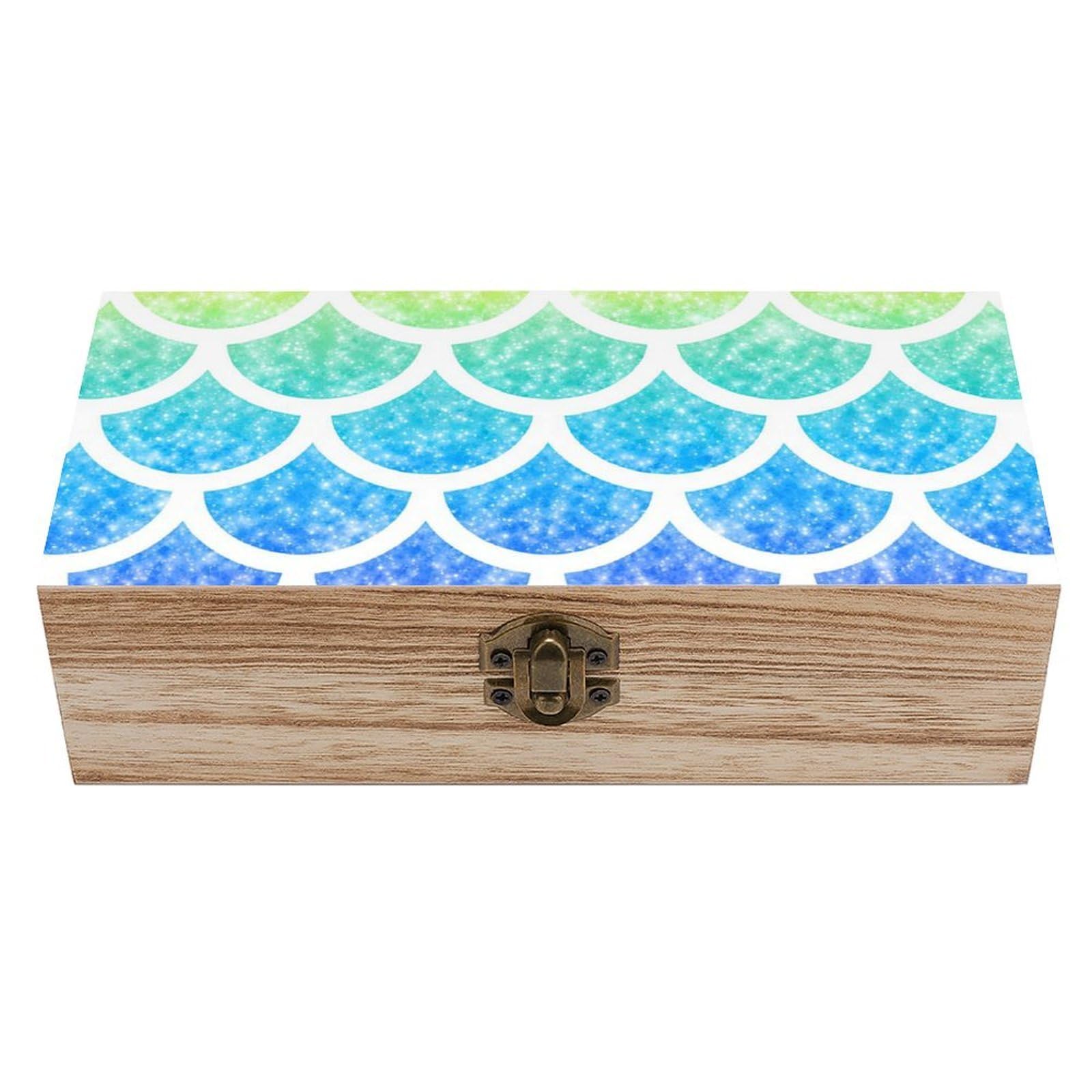 HLBSDM Watercolor Mermaid Fish Scales Wooden Storage Box