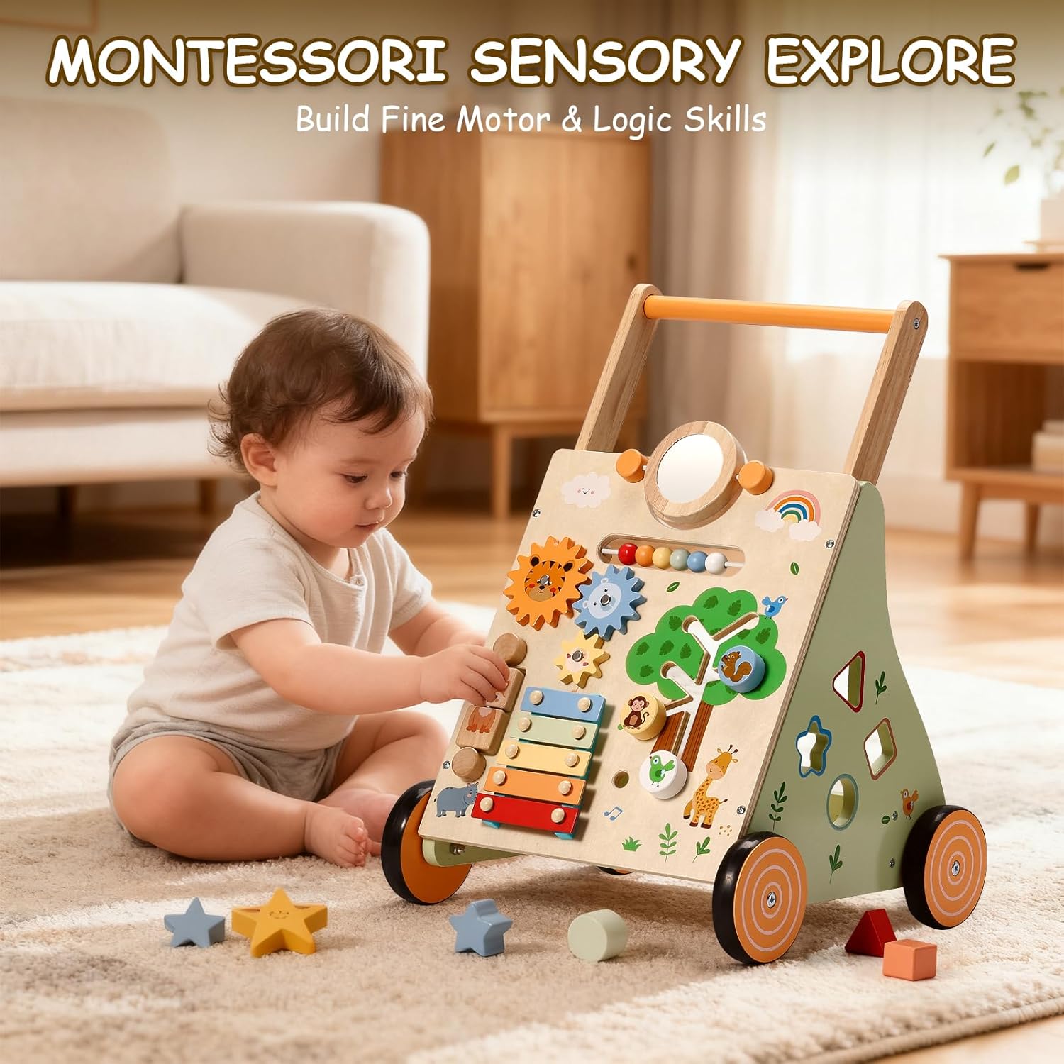 SainSmart Jr. Wooden Baby Walker, Adjustable Height and Speed Baby Push Walker, Montessori Activity Center for 6-12 Months, Push Walking Toys for 1 Year Old Boys Girls Learning to Walk, Animal Theme - Image 5