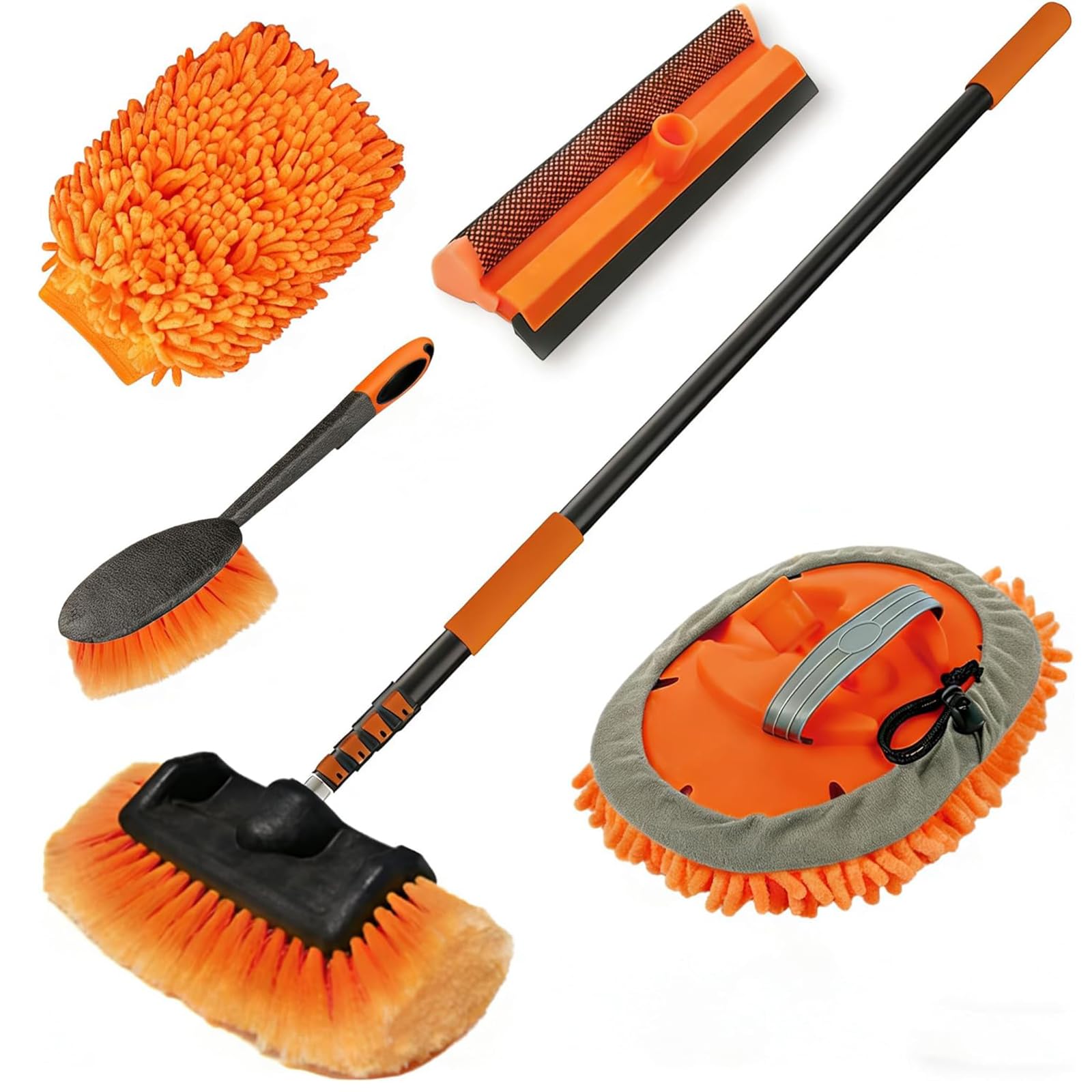 LAANPOLE Cepillo de Lavado de Coche con Mango Largo 3,6m, Kit de Limpieza de Coche con Cepillo de Cerdas Suaves, Mopa de Microfibra, Magenera de Ventanas, Manopla, Cepillo para Rines para Autocaravana