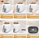 Toaster 2 slice, KitchMix Retro Stainless Steel Toaster with 6 Settings, 1.5 In Extra Wide Slots, Bagel/Defrost/Cancel Function, Removable Crumb Tray (White)