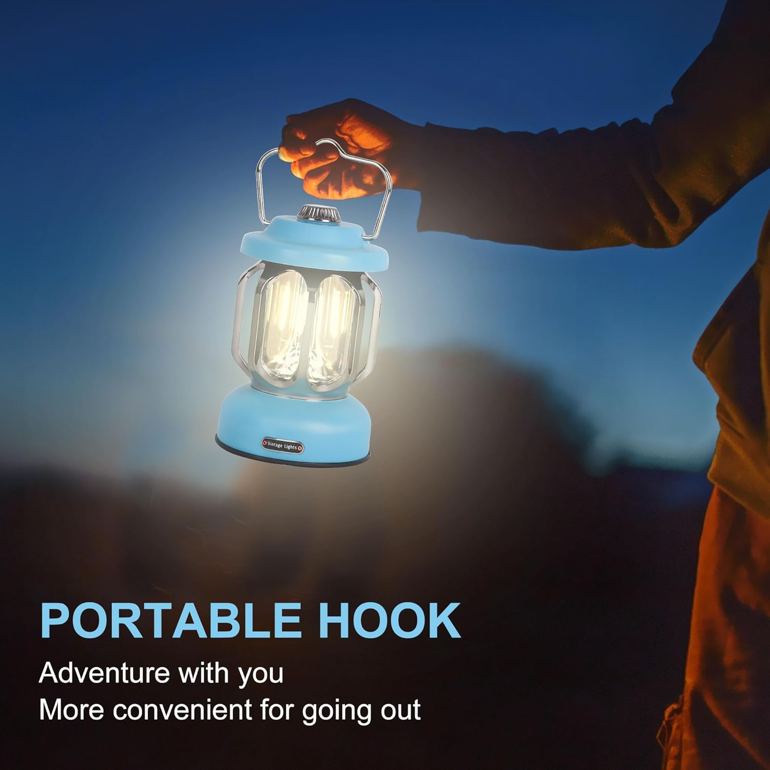 Rechargeable LED Camping Lanterns, Vintage Camping Lights Battery Operated, Portable Retro Metal Glamping Lights for Hiking, Hurricane, Decoration, Power outages, Blue, 1 Pack