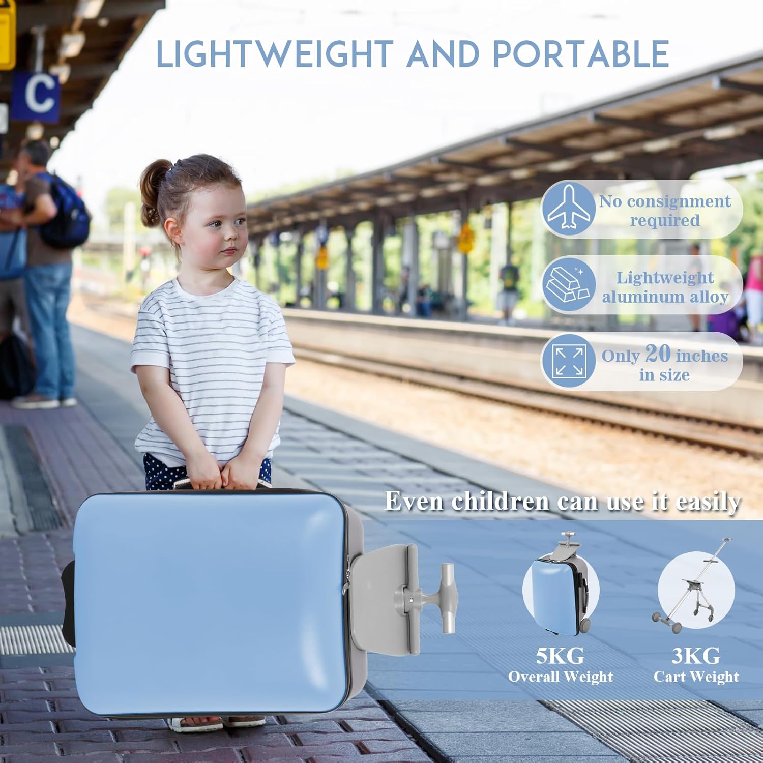 20 Inch Kid Ride On Carry On Luggage with Removable Cart & Stroller Function, 3 in 1 Lightweight Suitcase with Safety Handlebar Footrest Kids Travel Luggage (Blue Kids Ride On Carry On Luggage)