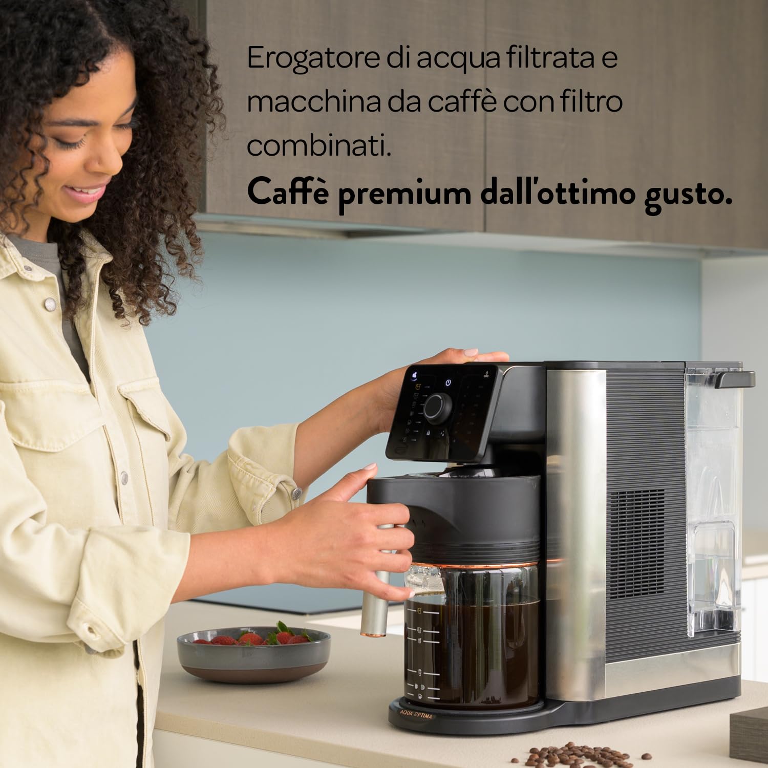 Aqua Optima Aurora Macchina da Caffè Filtrato e Distributore di Acqua Filtrata, 1 Filtro Evolve+ da 30 giorni, Risparmio Energetico, Multiuso, Temperatura ed Erogazione Variabili e Avvio Immediato