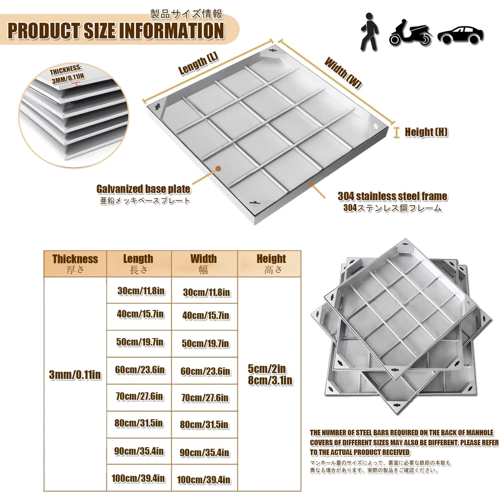 Coperchio per pozzetto di ispezione Invisibile in Acciaio Inox Personalizzabile, Resistente alle intemperie, Quadrato, per pozzetto di ispezione fognaria, Ideale per patii, giardin