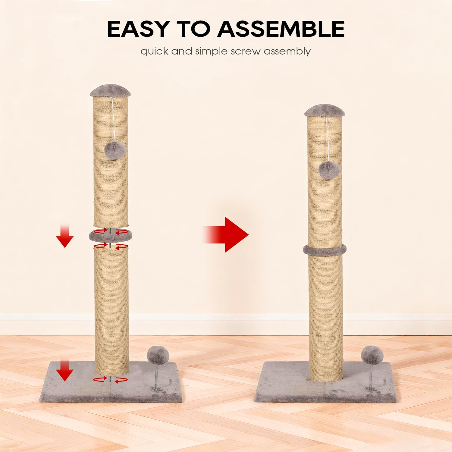 FDW 33 Inch Cat Scratching Post Cat Scratcher Natural Sisal Rope Scratch Post Trees with Hanging Ball for Indoor Cats and Adults,Light Gray