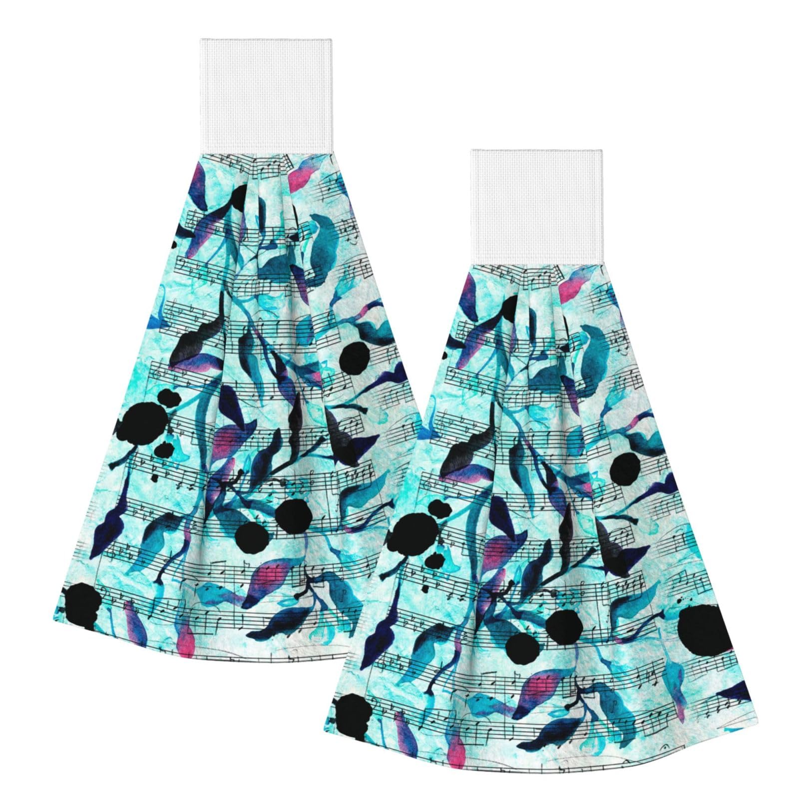 DOPKLNA Watercolour Music Branches Leaves, 2 Pcs Hanging Coral Fiber Hand Towels for Bathroom, Absorbent Kitchen Towels