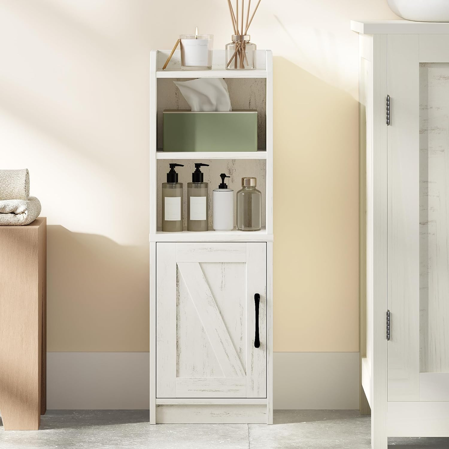 Bathroom Storage Cabinet, Small Farmhouse Corner Floor Cabinet with Door and Shelves, Narrow Toilet Paper Holder Stand, Bathroom Organizer with Adjustable Shelf, for Small Spaces,Rustic White