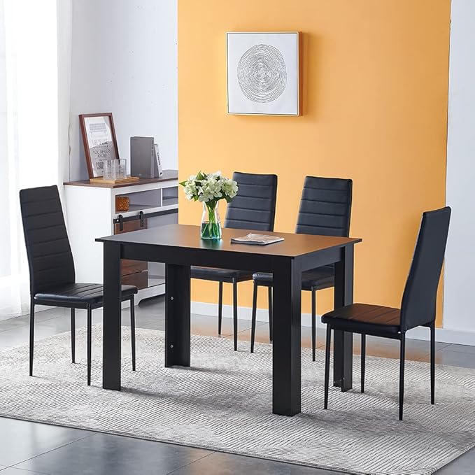 Modern Black Dining Room Table Wooden and Pu Leather Chairs Set of 4 ...