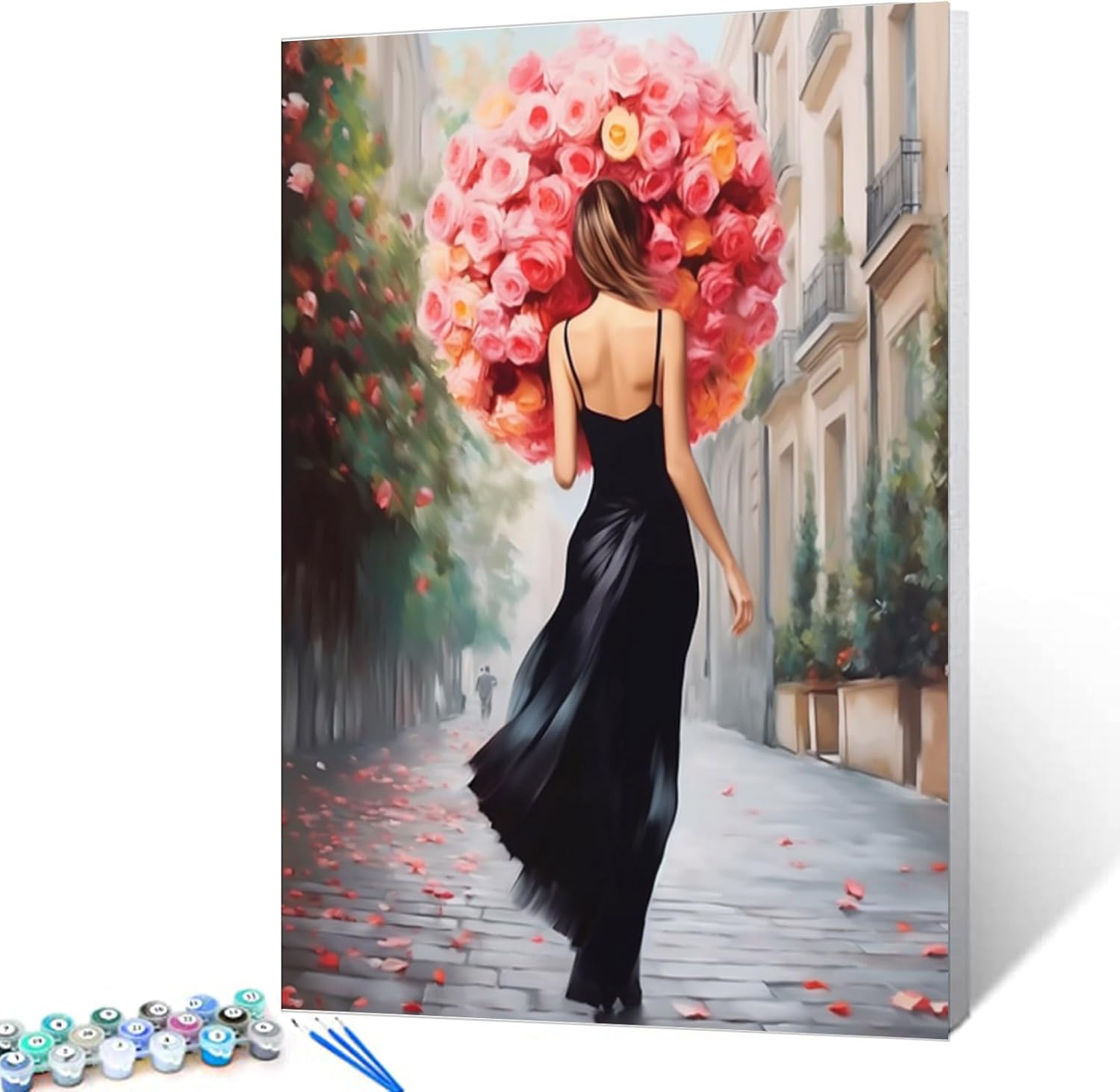 Tucocoo Sexy Back Woman DIY Paint by Numbers for Adults Lady Walk on Street Holding Bouquet Landscape Abstract DIY Oil Painting Acrylic Paint Art Graffiti Painting Kit Canvas 16x20 Inch（DIY Frame ）