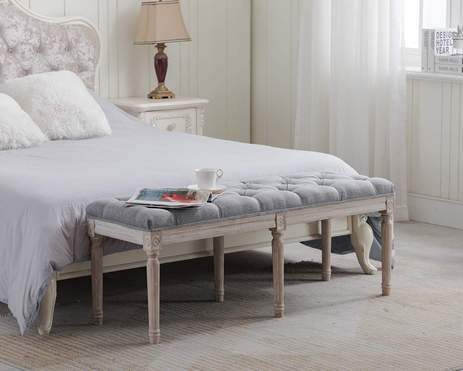 Kmax 45" Upholstered Dining Room Bench, Rustic Living Room Ottoman Bench with Carved Pattern & Rustic White Brushed Rubber Wood Legs, Gray