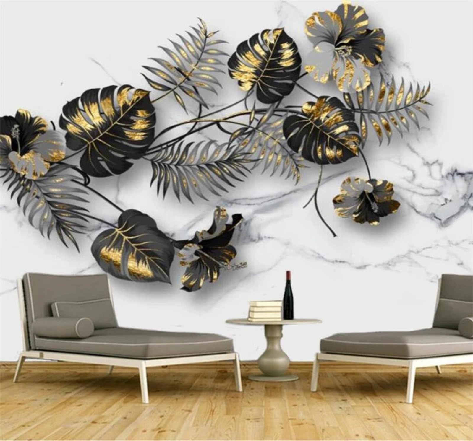 Wallpaper-3D-Xlm 300Cm×210Cm(B×H) Creative Gold Leaf Plants Banana Leaves Faux Marble 3D Wallpaper Easy Install Feature Office Living Room Sofa Bedroom Tv Background Wall Decoration-300Cm×210Cm