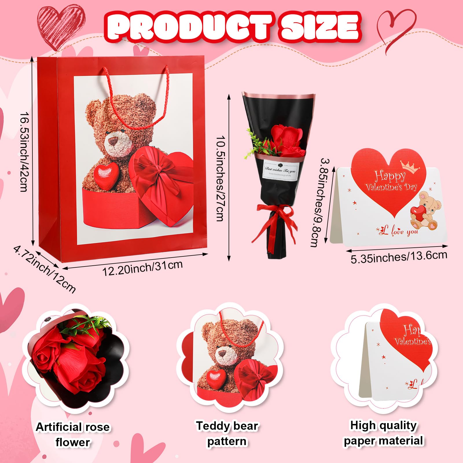 Capoda Happy Set - 12 Inch Heart Bear Plush, Artificial Rose, Gift Bag & Card For Mother's Day, Birthday - View #9