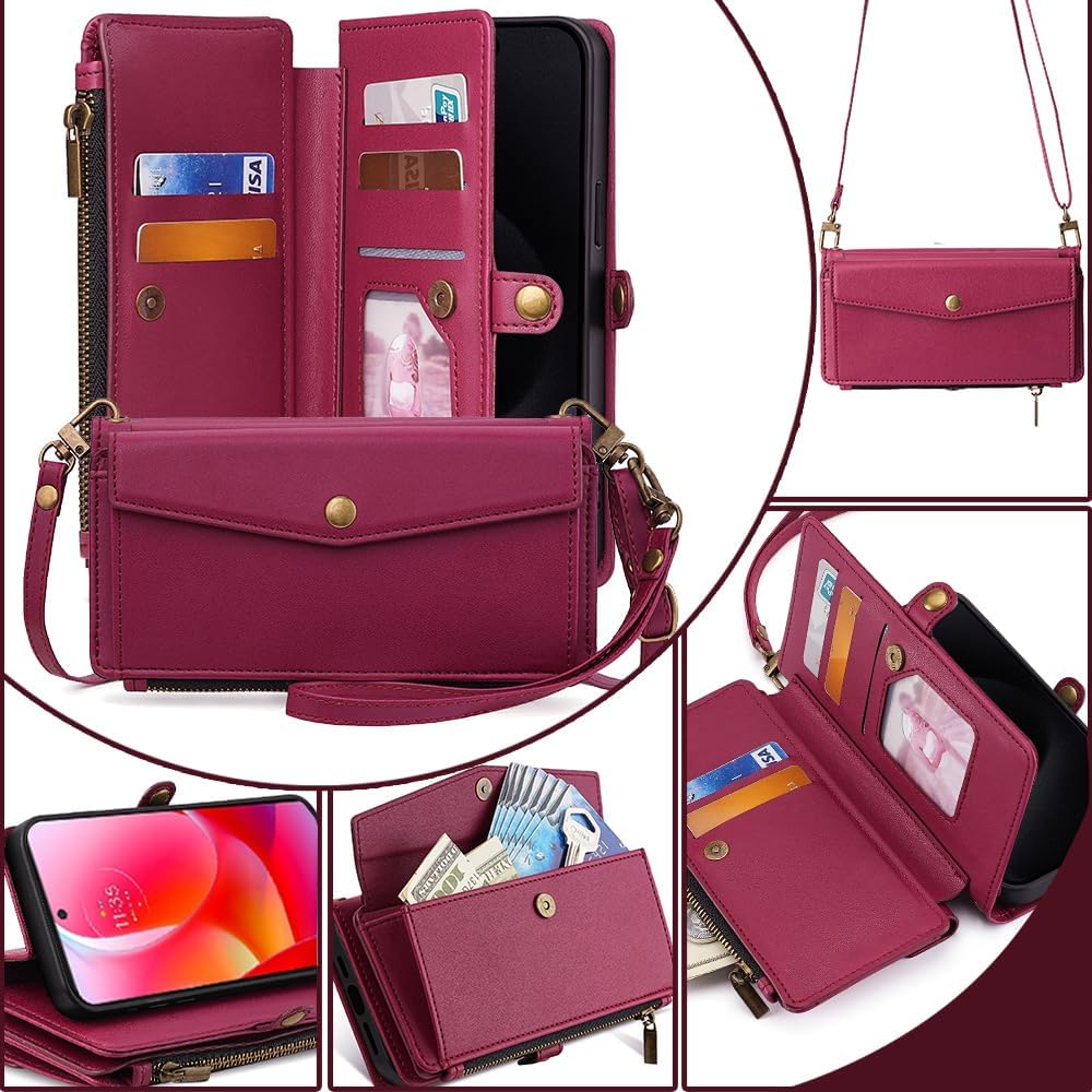 Asuwish Phone Case for Motorola Moto G Power 2022/MotoG Play 2023/G Pure 2021 Zipper Wallet Cover with Screen Protector and Leather Card Holder Slot Stand Wrist Strap XT2165DL XT2163DL Women Wine Red