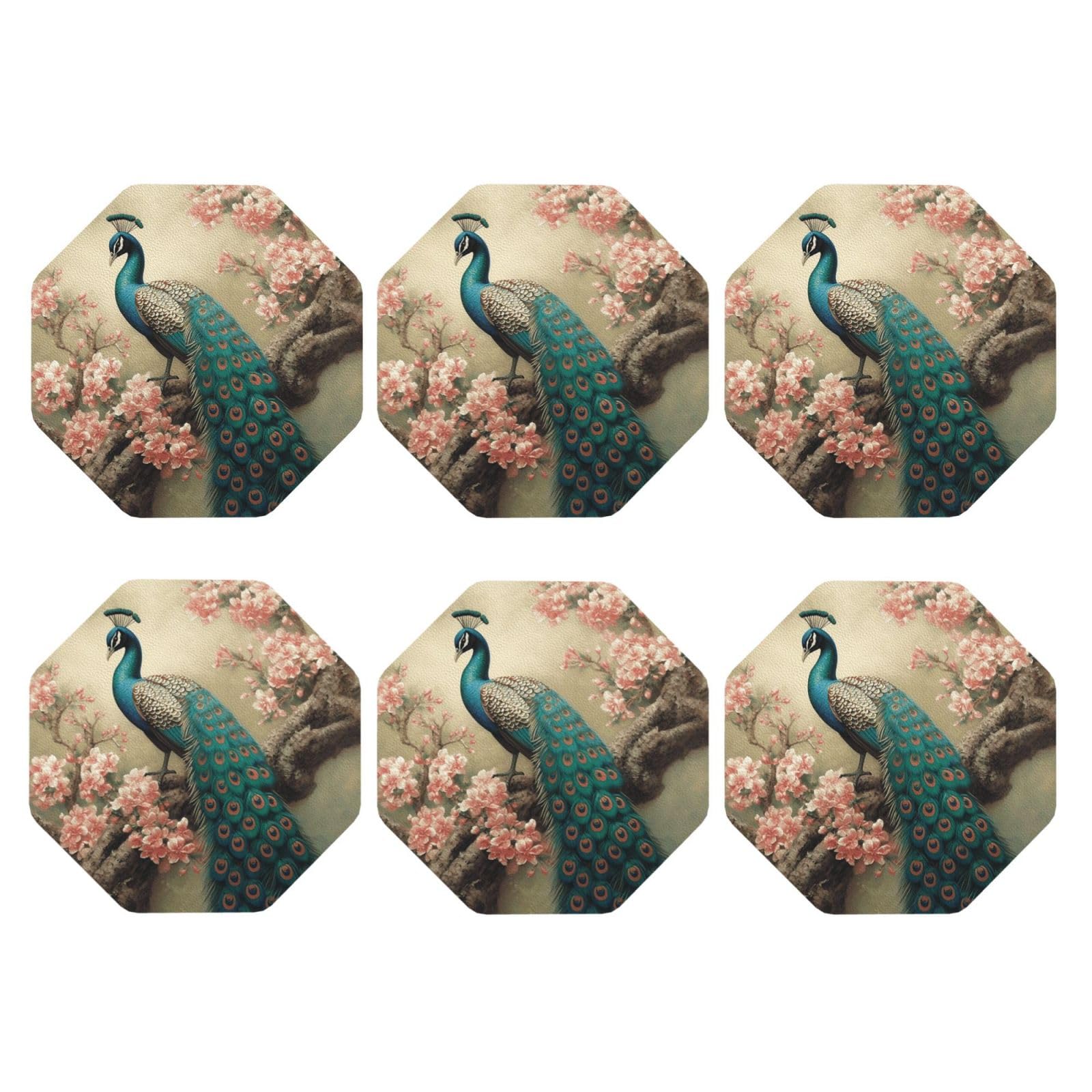 6pcs Leather Coasters for Drinks, Oriental Peacock Drink Coasters for Tabletop Protection, 4" Cup Coasters for Coffee Table Decor, Non-Slip Drinking Cup Mat for Hot Or Cold Drink
