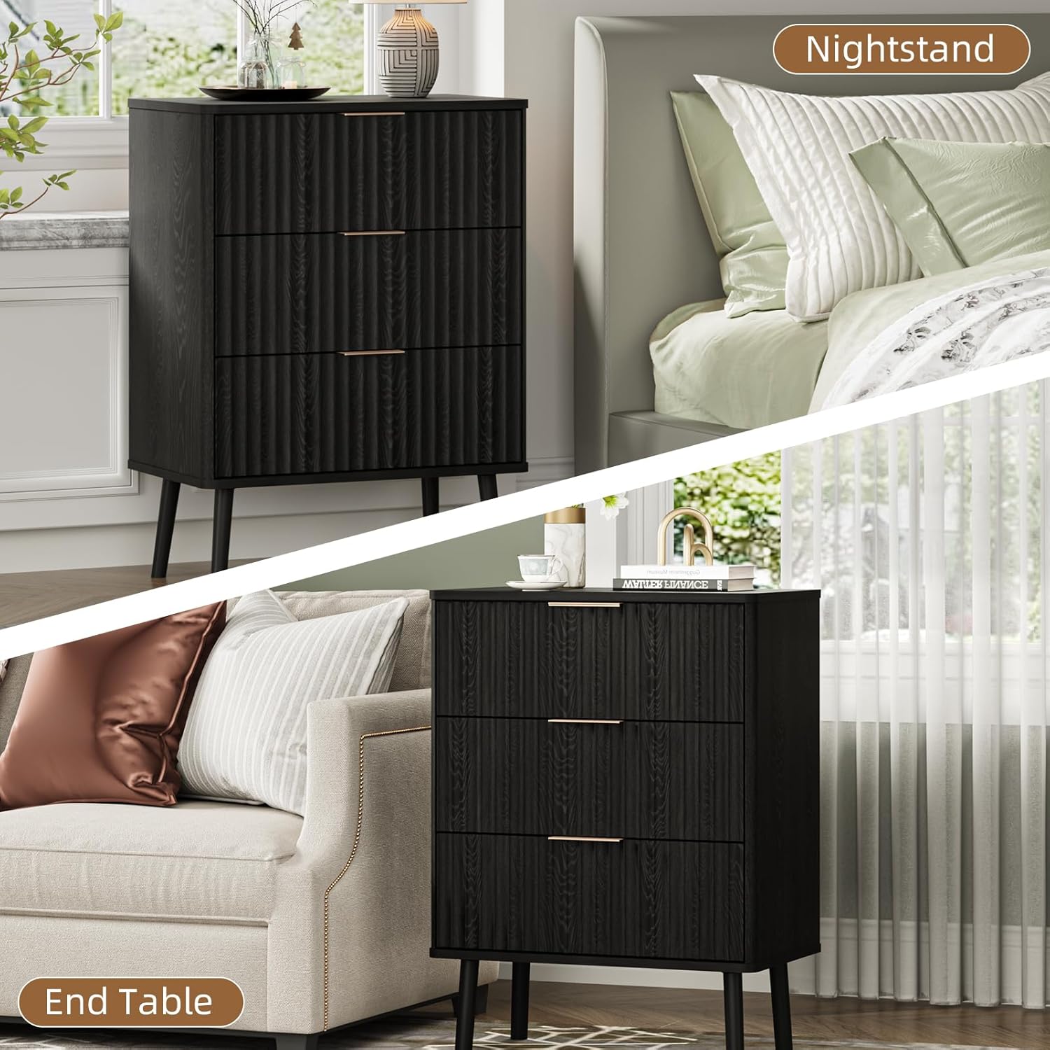 BREEZEHEAT Fluted Nightstand Set of 2 Bedside Table with 3 Drawers, 24 inch Wide Mid Century Modern Tall Night Stand Set of 2-End Table for Bedroom, Black