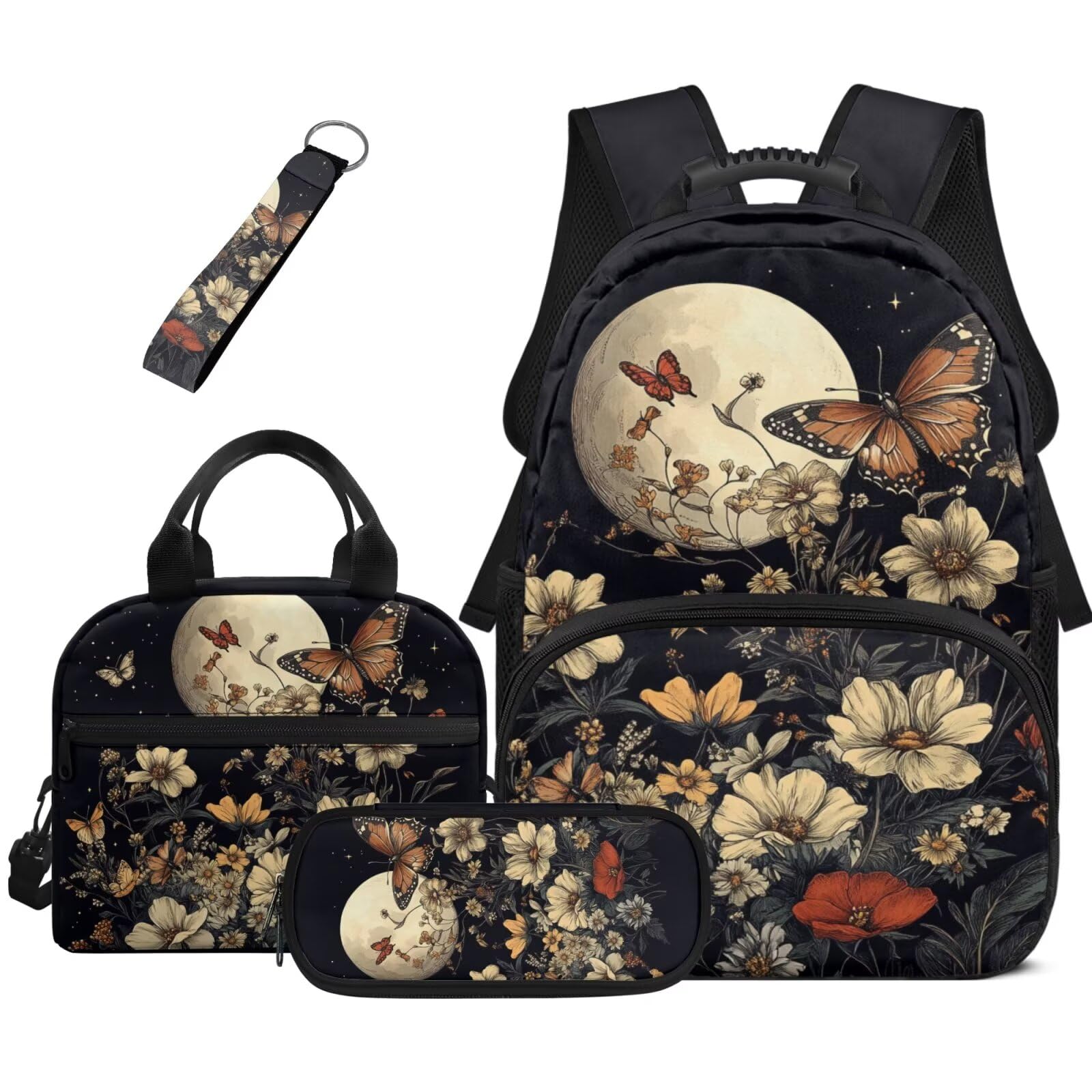 Dolyues Axolotl, set di 4 zaini, borsa per il pranzo per ragazze, astuccio per bambini, borsa per libri Kawaii di terza elementare, zaini per la scuola elementare, Farfalla Fiori Luna, Zaino daypack